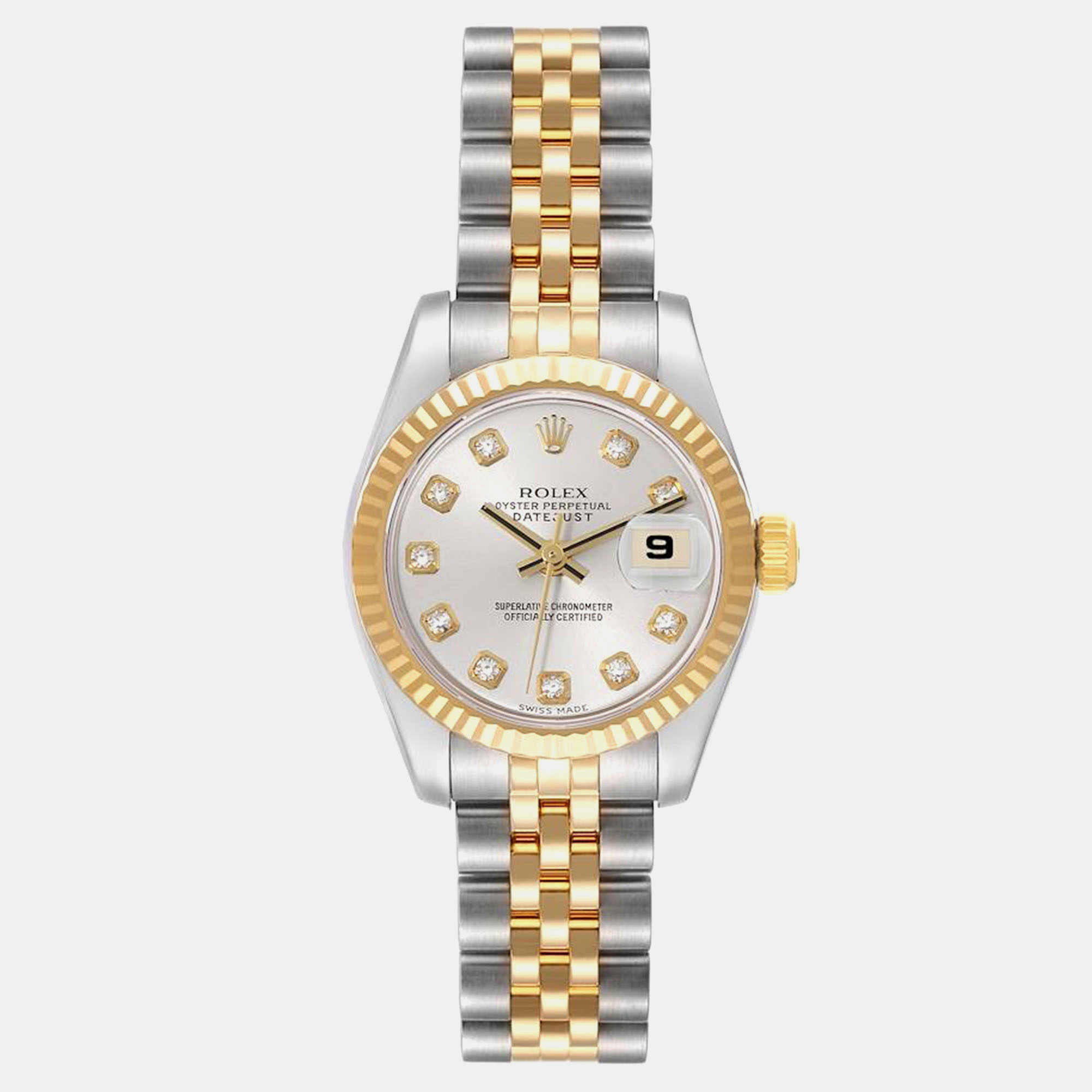 

Rolex Datejust 26 Steel Yellow Gold Silver Diamond Dial Ladies Watch 179173