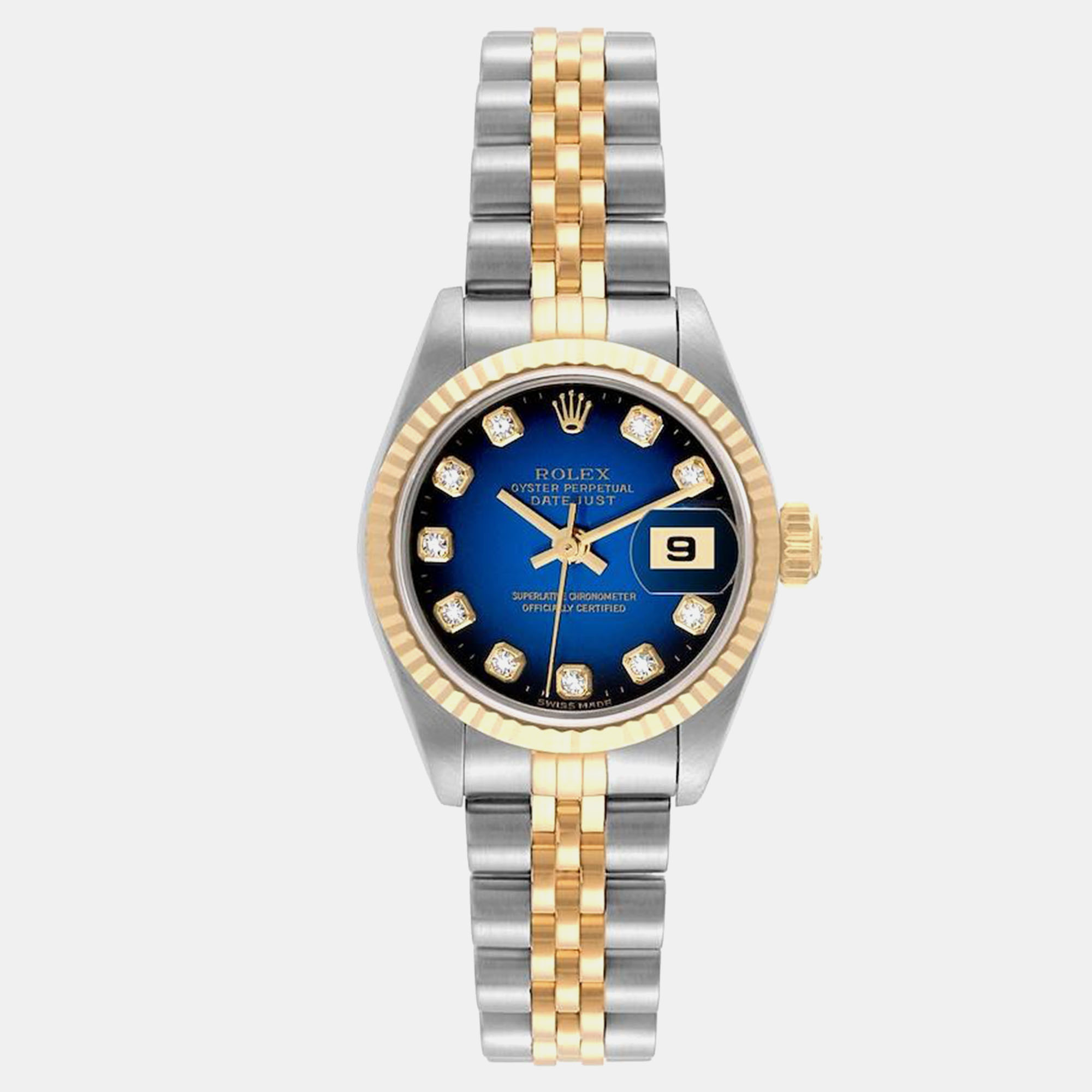 

Rolex Datejust Steel Yellow Gold Blue Vignette Diamond Dial Ladies Watch 79173 26 mm