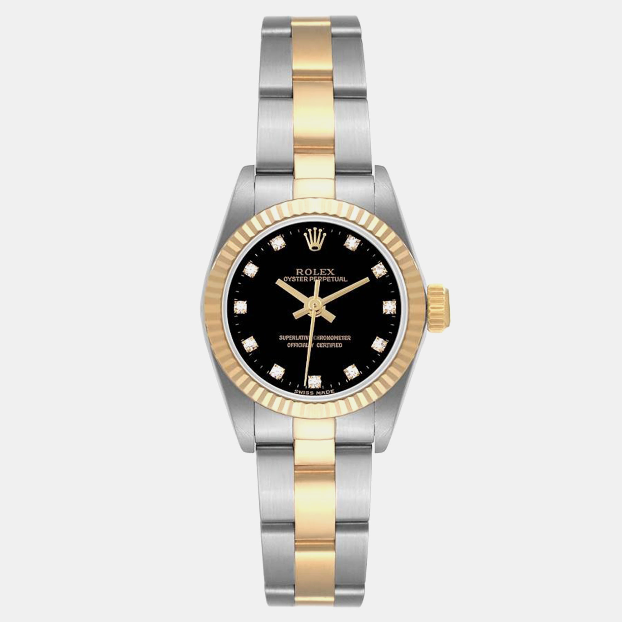 

Rolex Oyster Perpetual Steel Yellow Gold Black Diamond Dial Ladies Watch 67193 24 mm