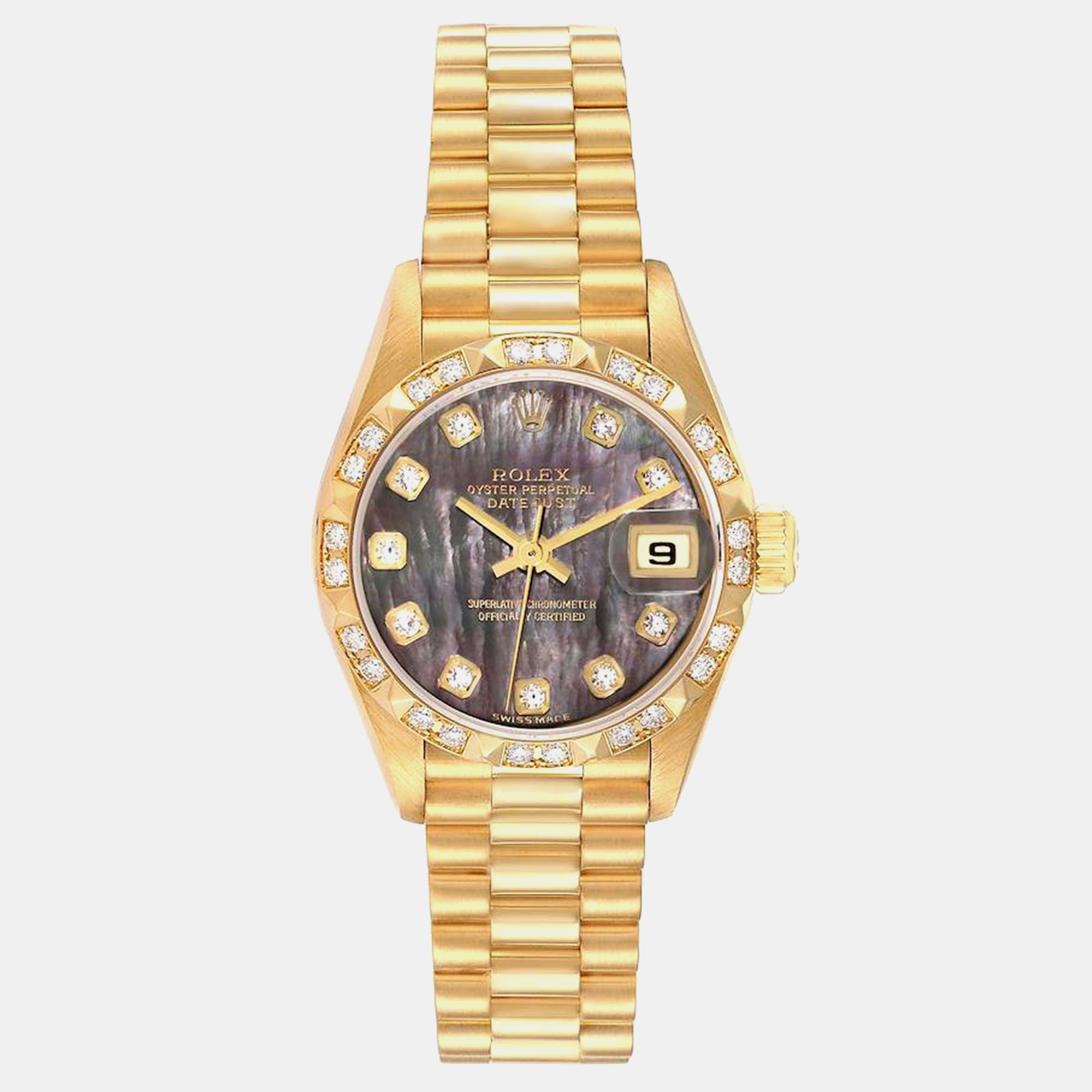 

Rolex President Datejust Yellow Gold Mother of Pearl Diamond Dial Ladies Watch 79258 26 mm, Brown