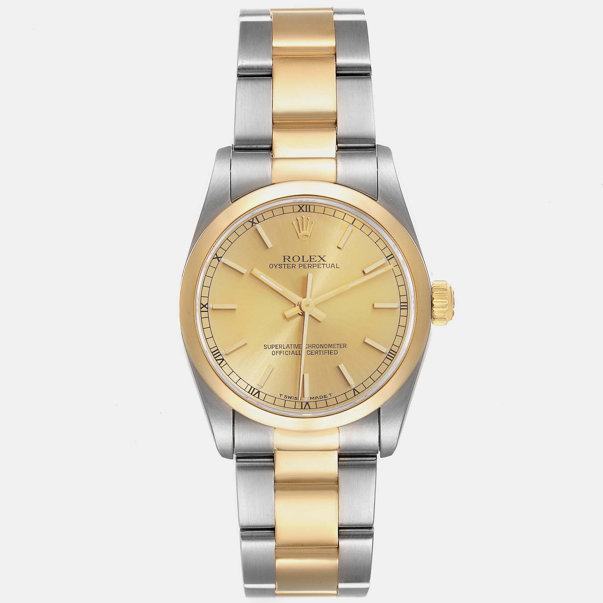 Pre-owned Rolex Midsize Champagne Dial Yellow Gold Steel Ladies Watch 31 Mm