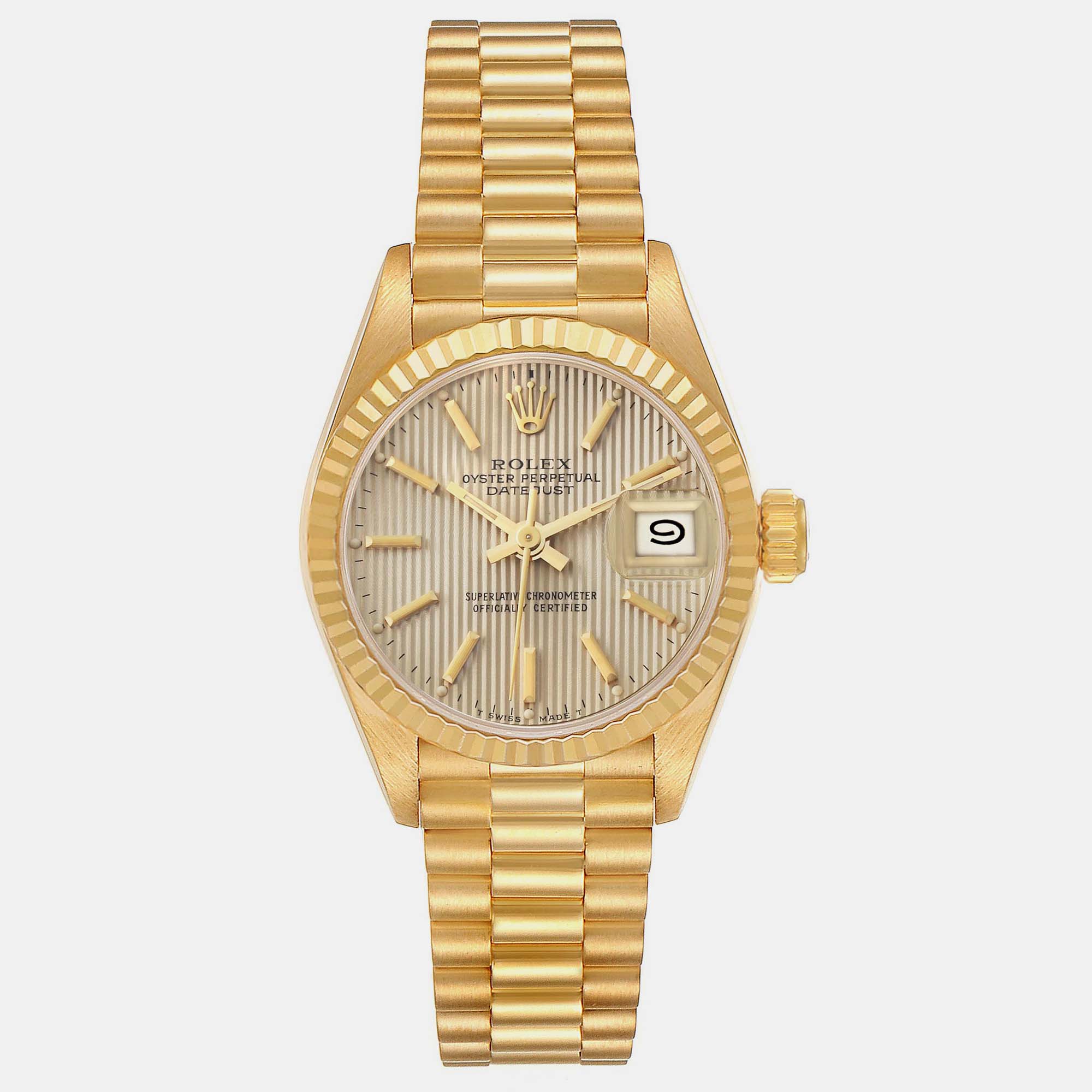 

Rolex President Datejust Yellow Gold Ivory Tapestry Dial Ladies Watch 26.0 mm