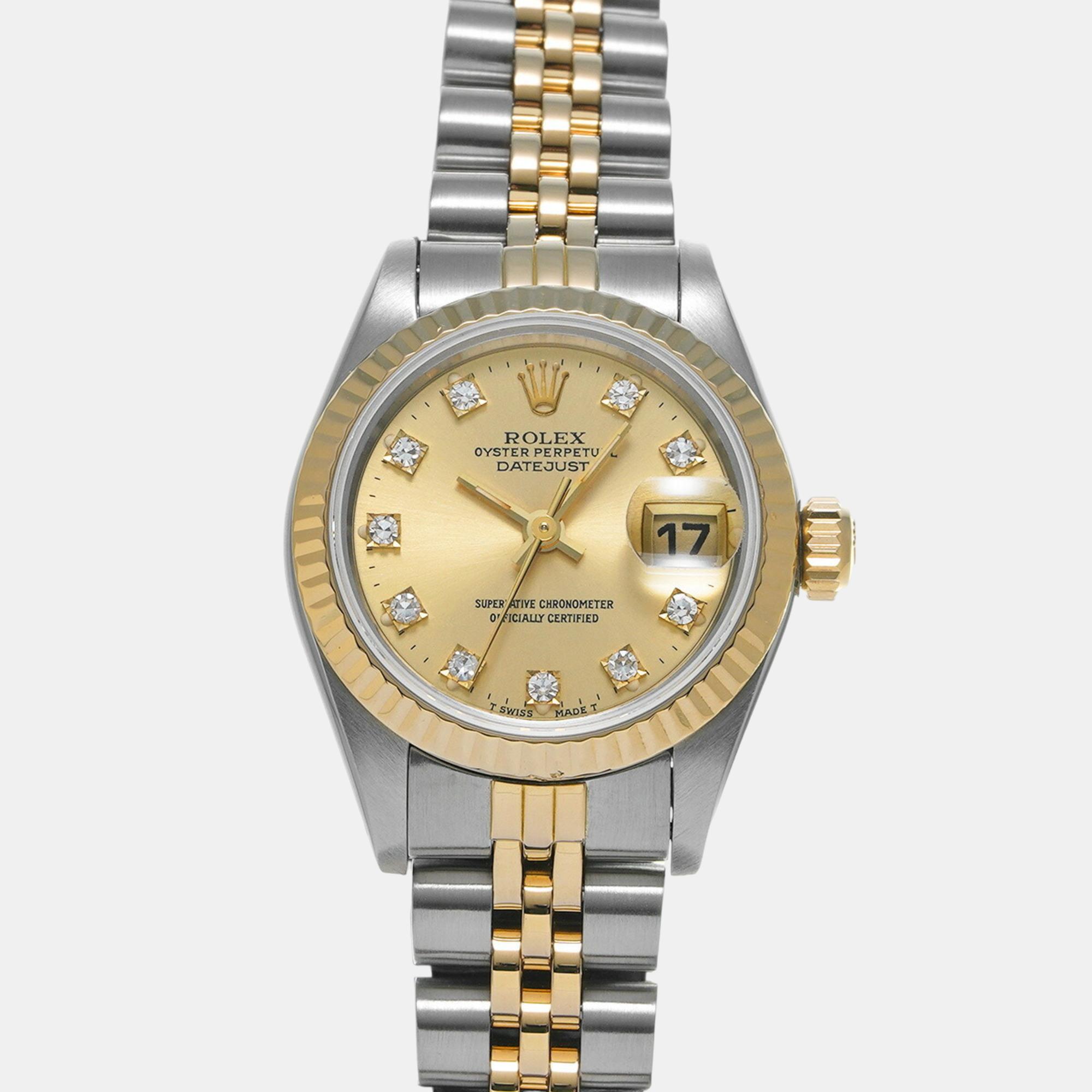 

Rolex Champagne Diamond 18k Yellow Gold Stainless Steel Datejust 69173 Automatic Women's Wristwatch 26 mm