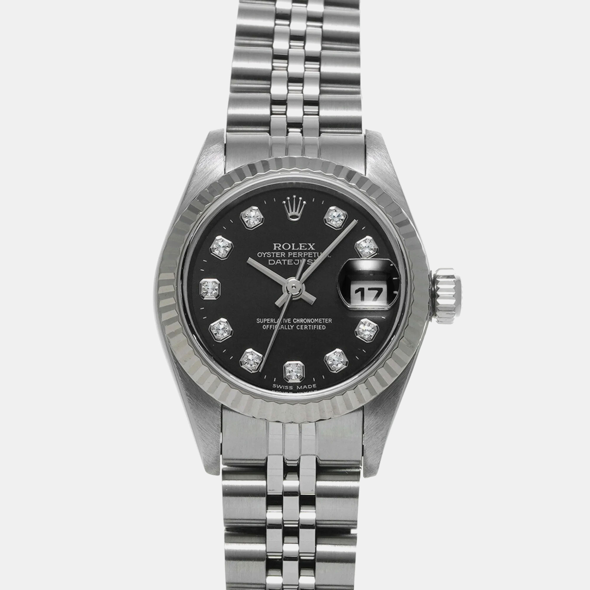 

Rolex Black Diamond 18k White Gold Stainless Steel Datejust Automatic Women's Wristwatch 26 mm
