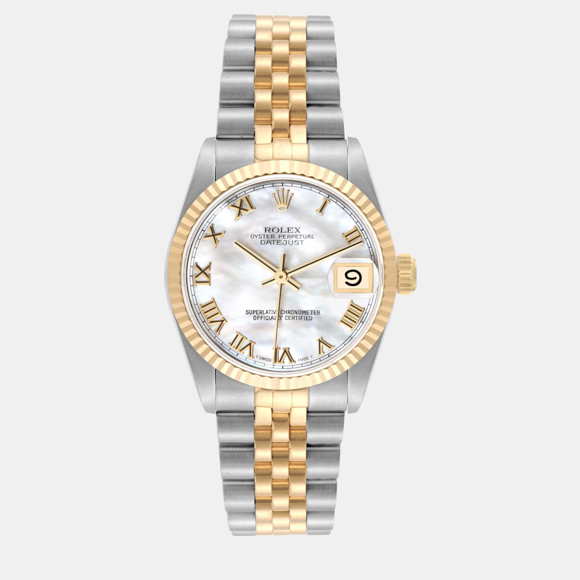 

Rolex Datejust Midsize Steel Yellow Gold Mother of Pearl Dial Ladies Watch 68273, White