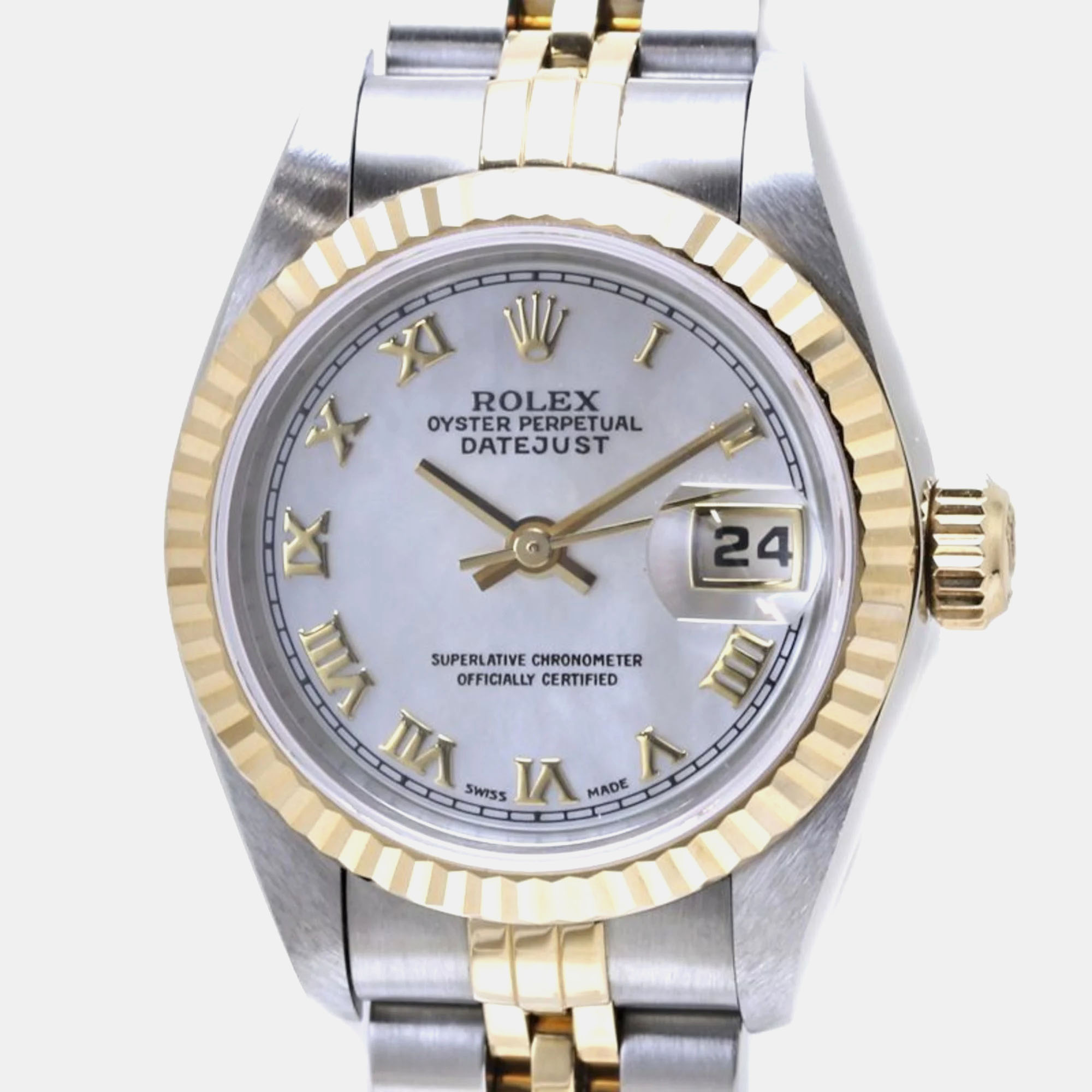 

Rolex White Shell 18k Yellow Gold Stainless Steel Datejust 69173 Automatic Women's Wristwatch 26 mm