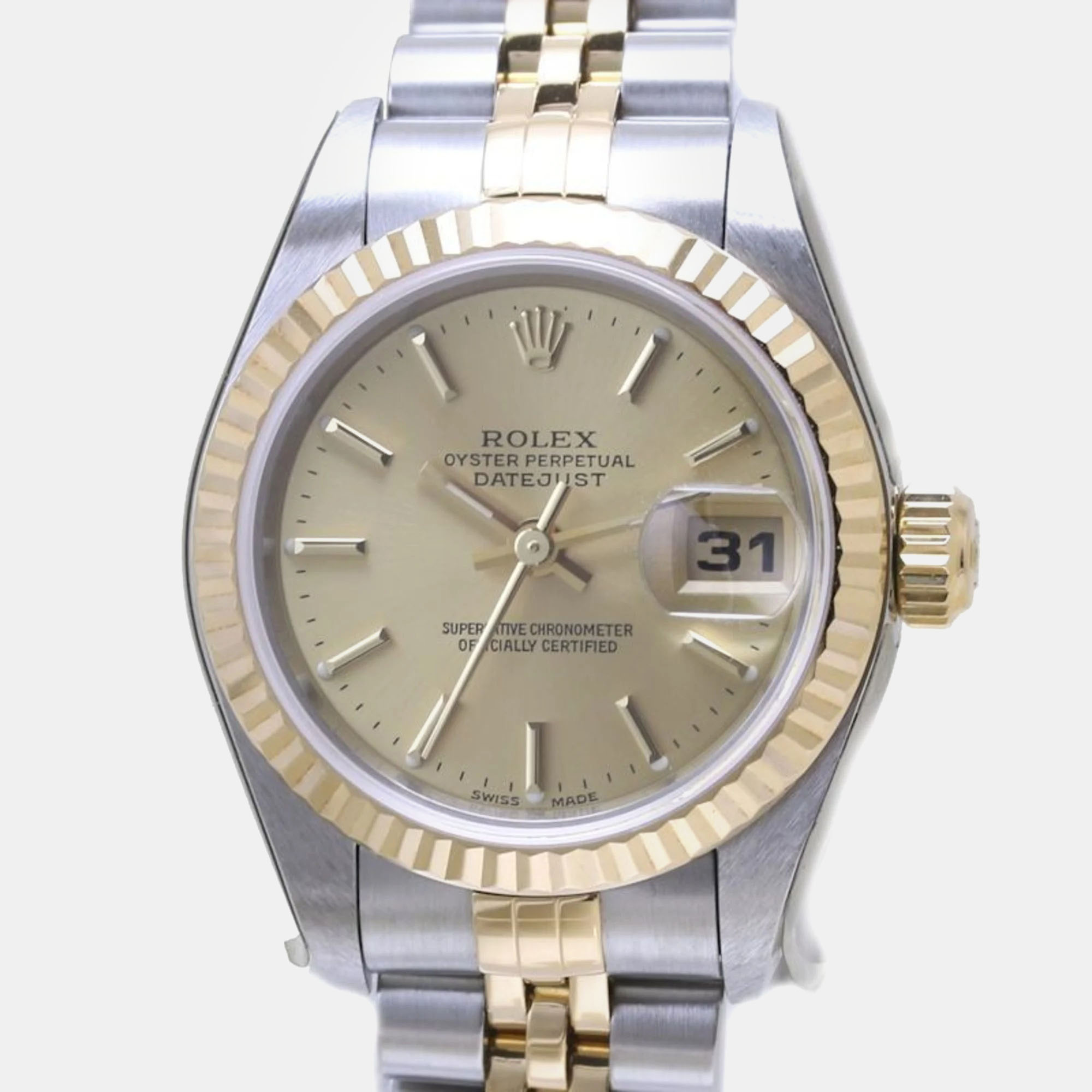 Pre-owned Rolex Champagne 18k Yellow Gold Stainless Steel Datejust 79173 Automatic Women's Wristwatch 26 Mm