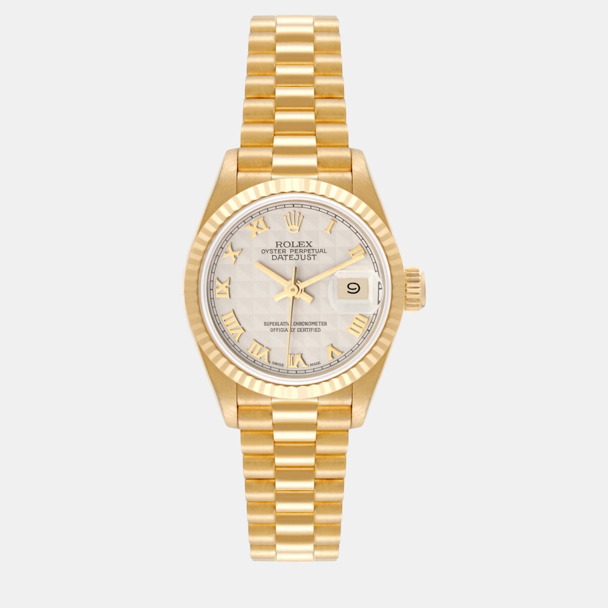 

Rolex President Datejust Yellow Gold Ivory Pyramid Dial Ladies Watch 26.0 mm, White