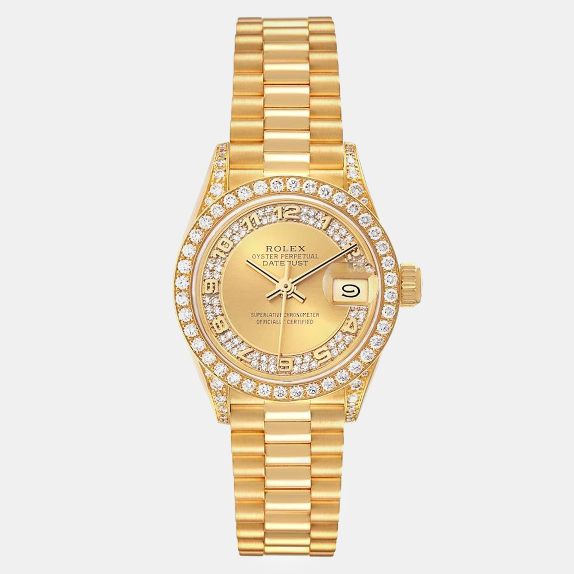 

Rolex Datejust President Yellow Gold Myriad Diamond Ladies Watch 69158 26 mm