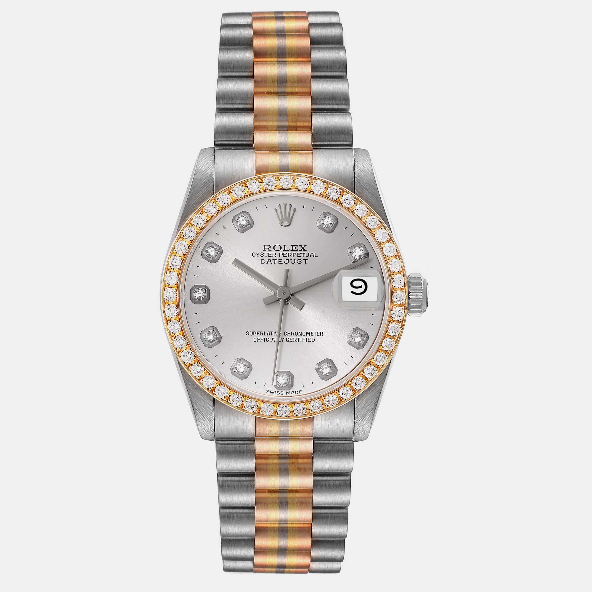 

Rolex President Tridor Midsize White Yellow Rose Gold Diamond Ladies Watch 68289 31 mm, Silver