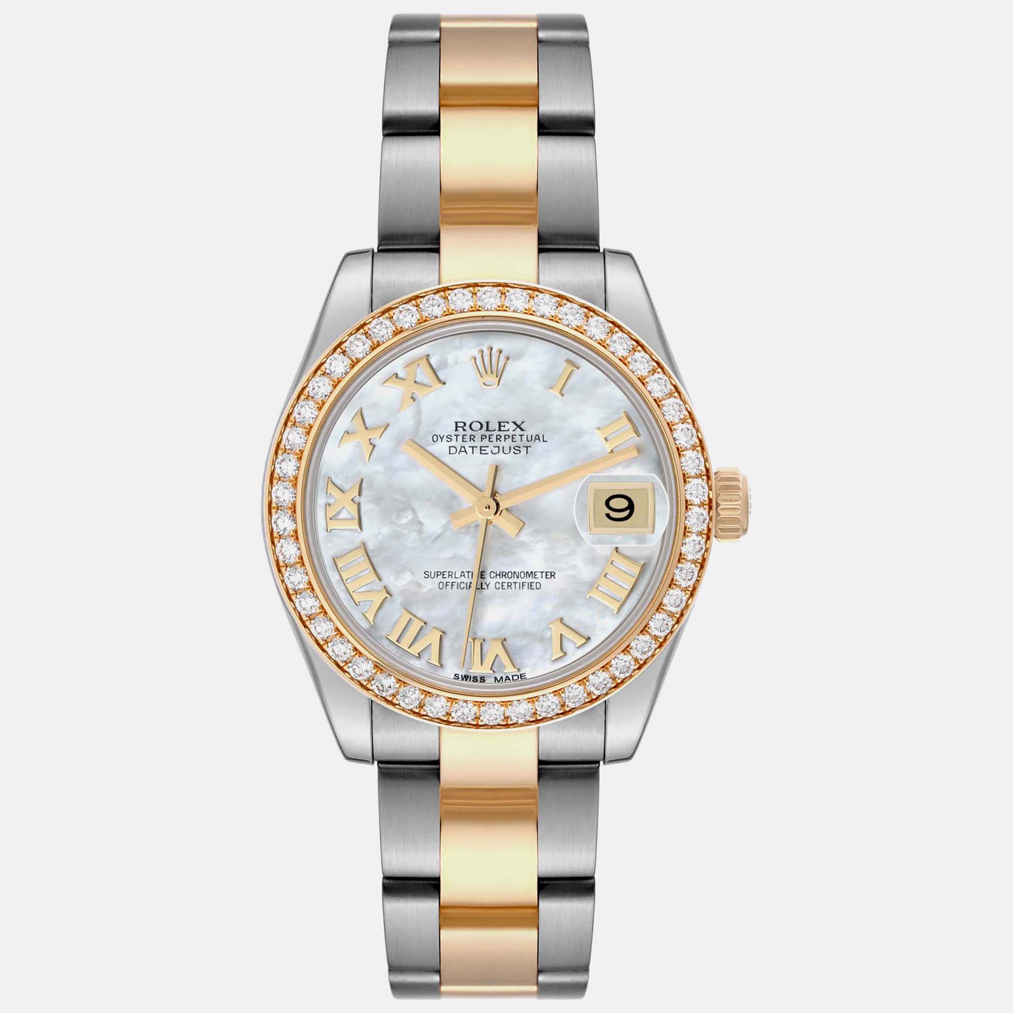 

Rolex Datejust Midsize Steel Yellow Gold Mother of Pearl Diamond Watch 31.0 mm, White