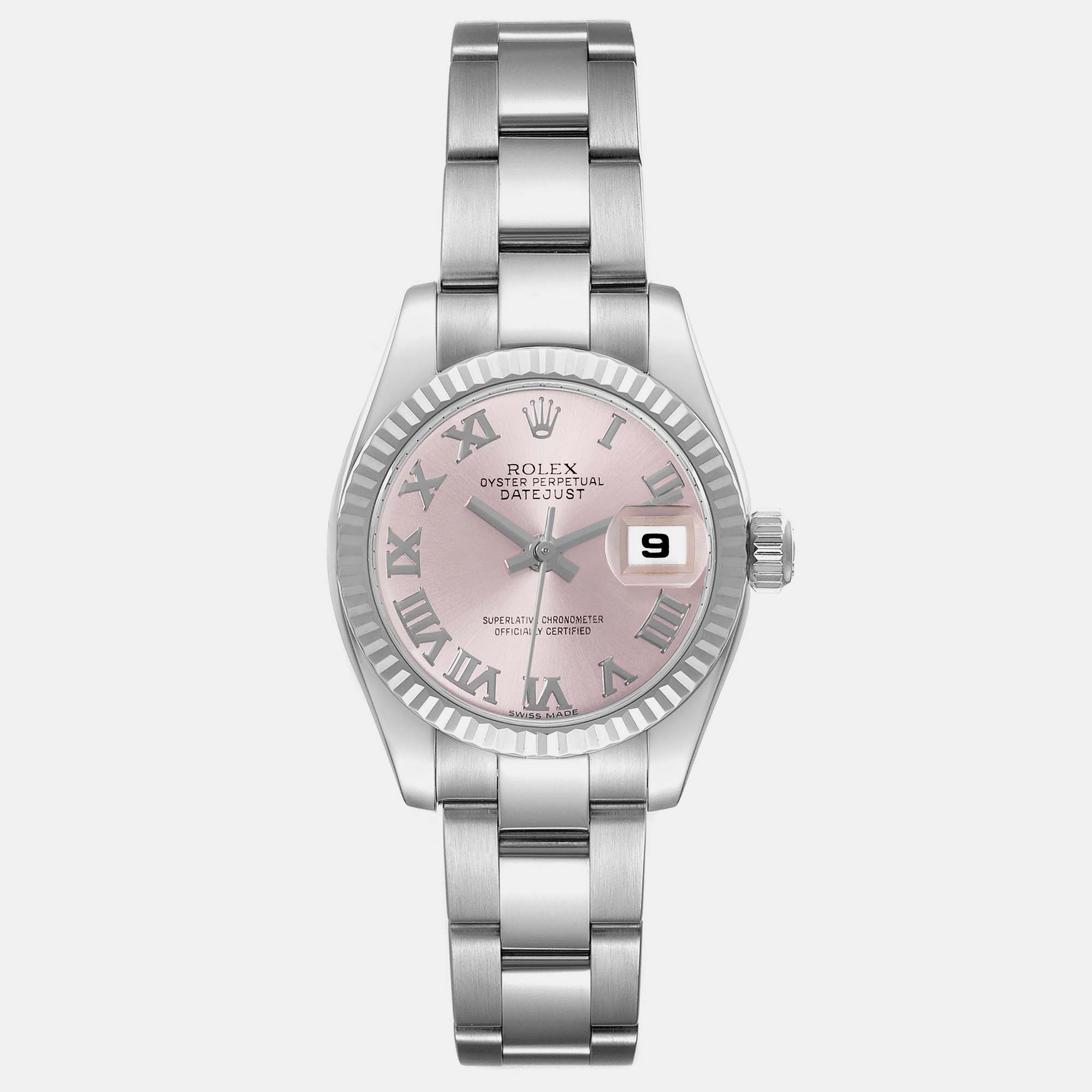 Pre-owned Rolex Datejust Steel White Gold Pink Roman Dial Ladies Watch 179174 26 Mm