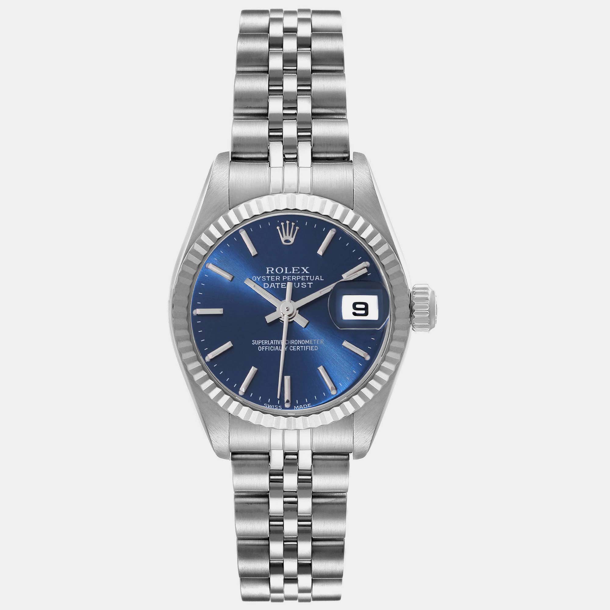 Pre-owned Rolex Datejust Steel White Gold Blue Dial Ladies Watch 26.0 Mm