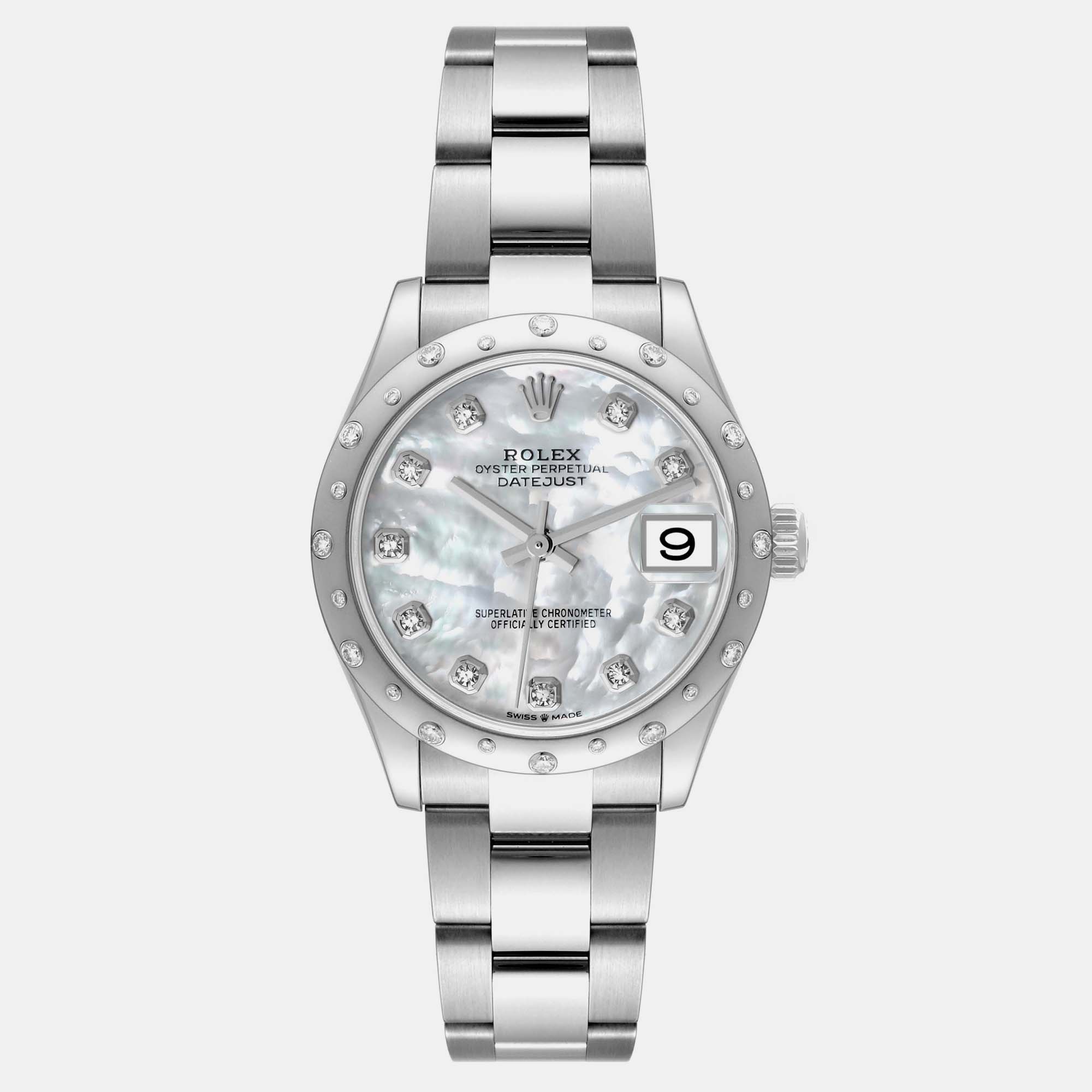

Rolex Datejust Midsize Steel White Gold Mother of Pearl Diamond Dial Ladies Watch 278344, Silver