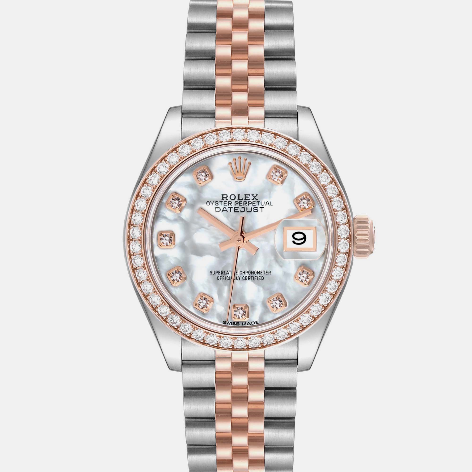 

Rolex Datejust Steel Rose Gold Mother of Pearl Diamond Ladies Watch 279381, Silver