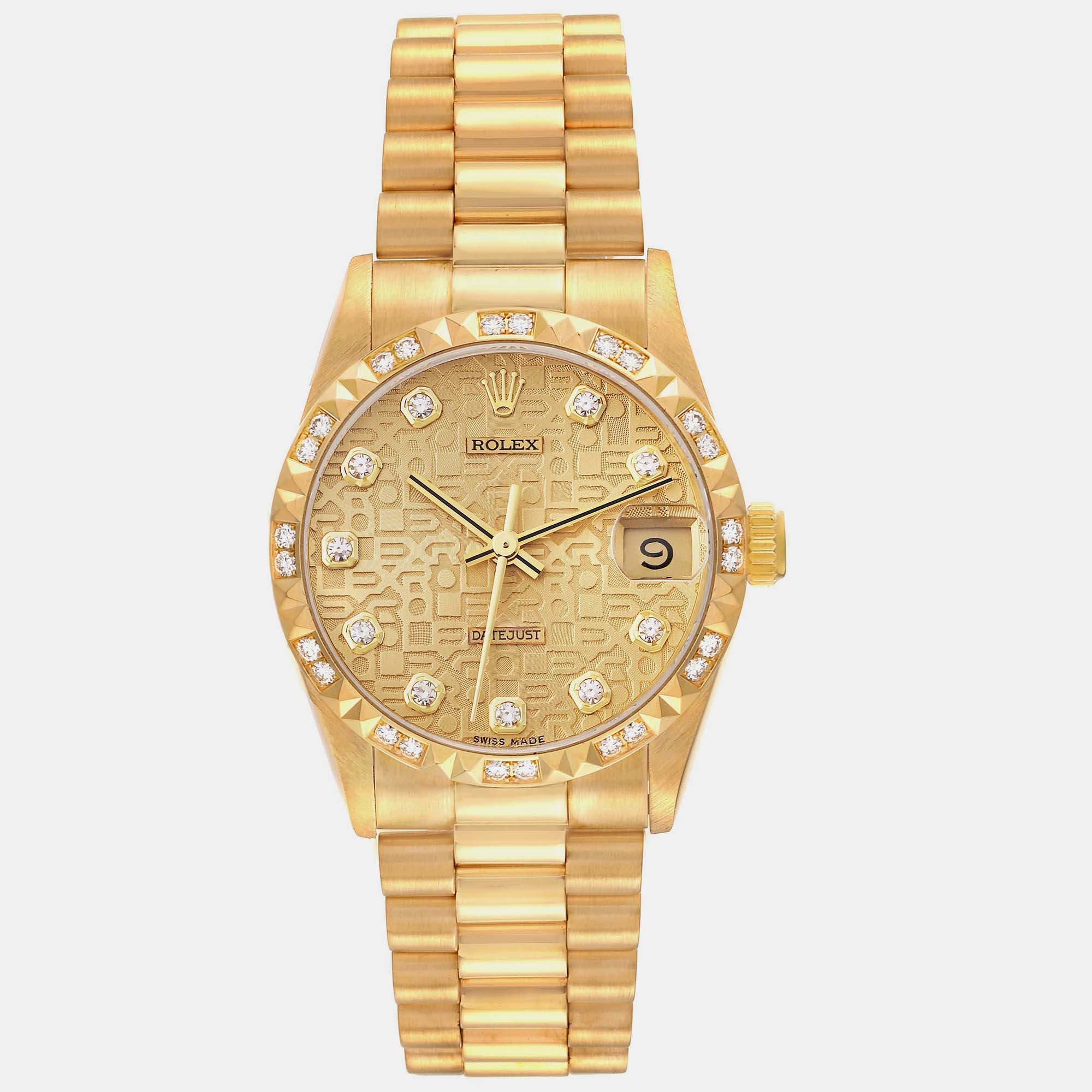 

Rolex President Midsize Yellow Gold Diamond Dial Bezel Ladies Watch 68258