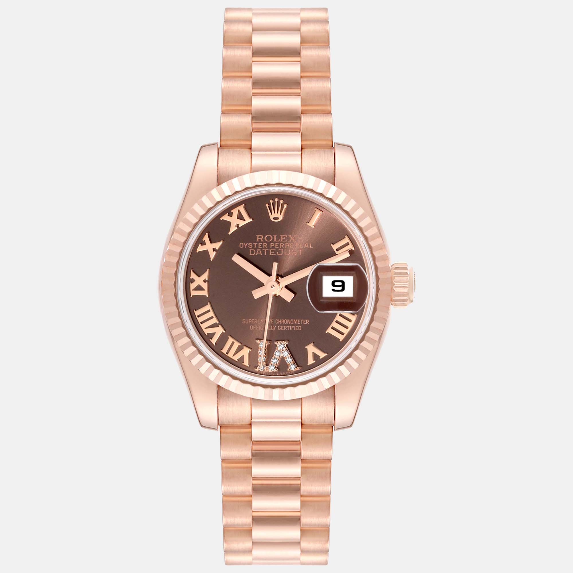 

Rolex President Rose Gold Diamond Ladies Watch 179175, Brown