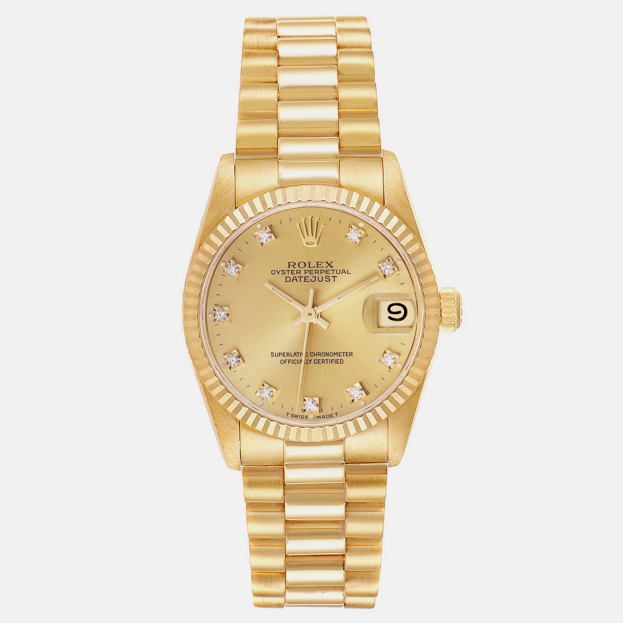 Pre-owned Rolex President Midsize Yellow Gold Diamond Dial Ladies Watch 68278