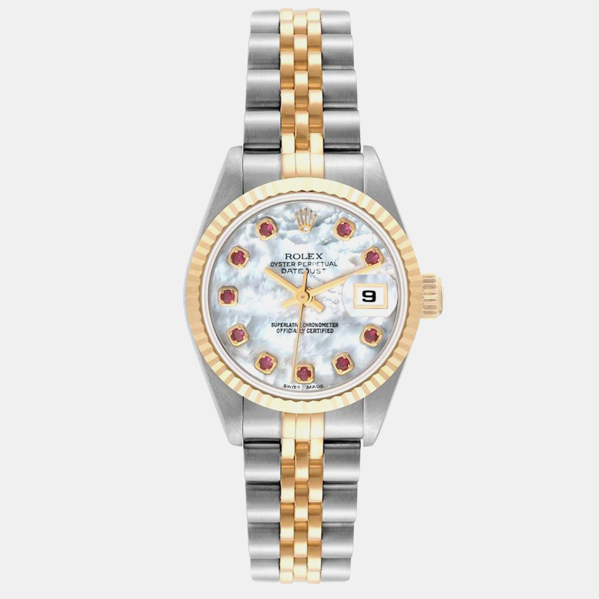 

Rolex Datejust Steel Yellow Gold Mother of Pearl Ruby Dial Ladies Watch 69173, Silver