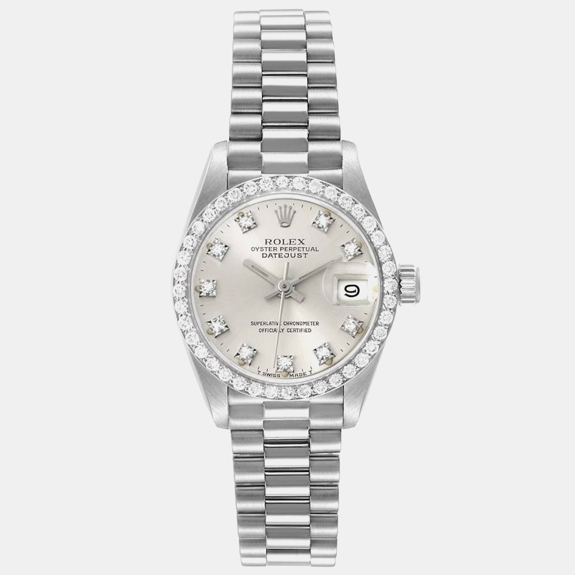 Pre-owned Rolex President Datejust White Gold Silver Diamond Dial Ladies Watch 26.0 Mm