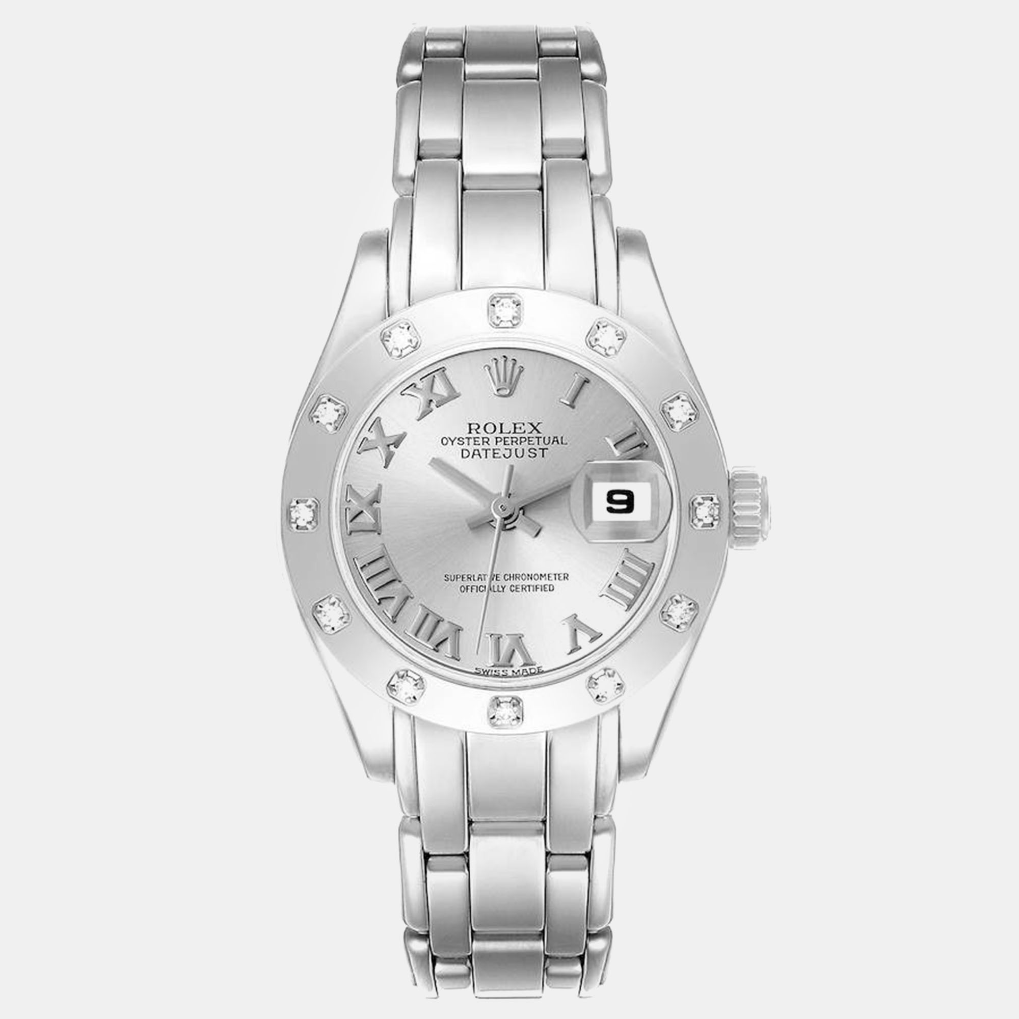 Pre-owned Rolex Pearlmaster White Gold Silver Dial Diamond Ladies Watch 29.0 Mm