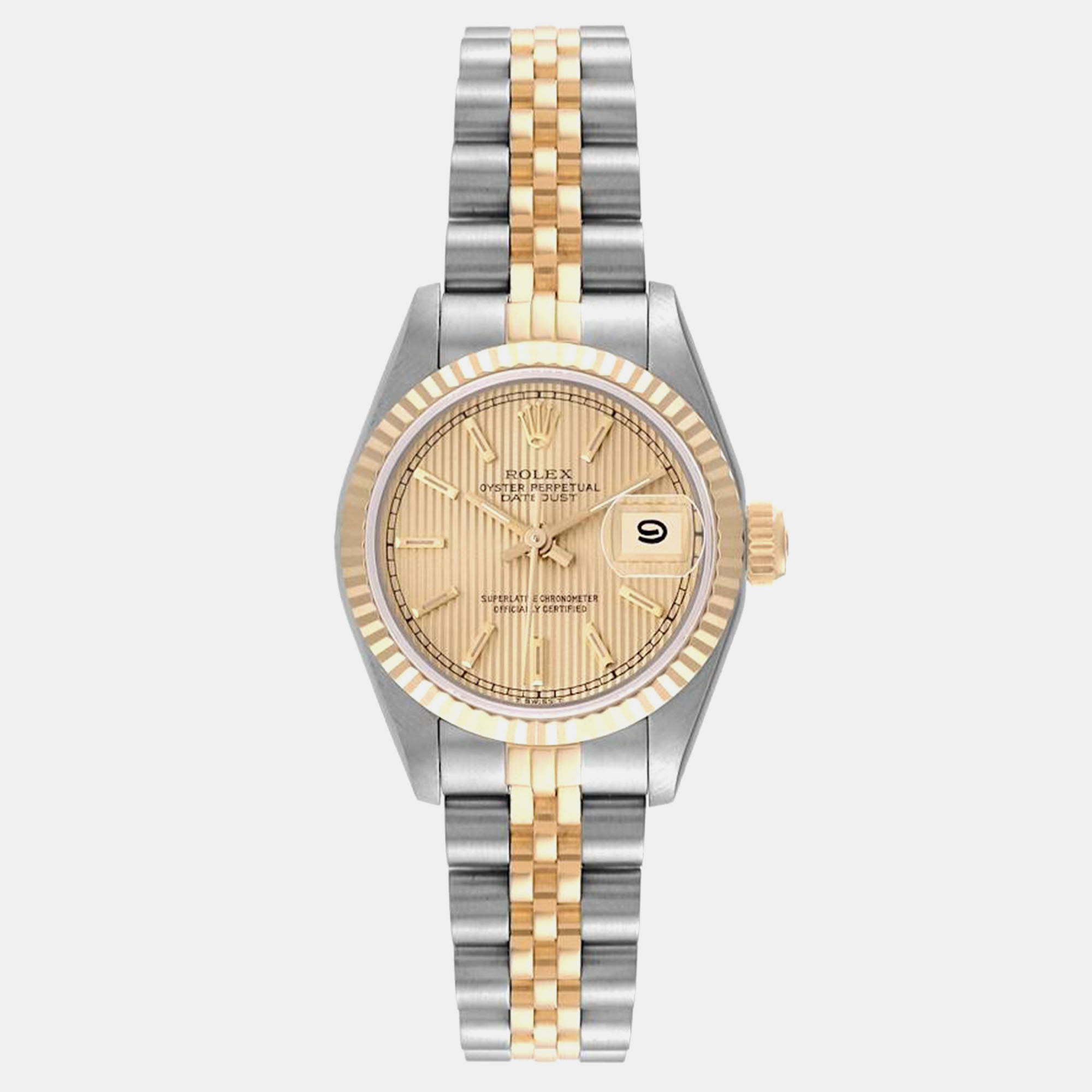 Pre-owned Rolex Datejust Champagne Tapestry Dial Steel Yellow Gold Ladies Watch 26.0 Mm