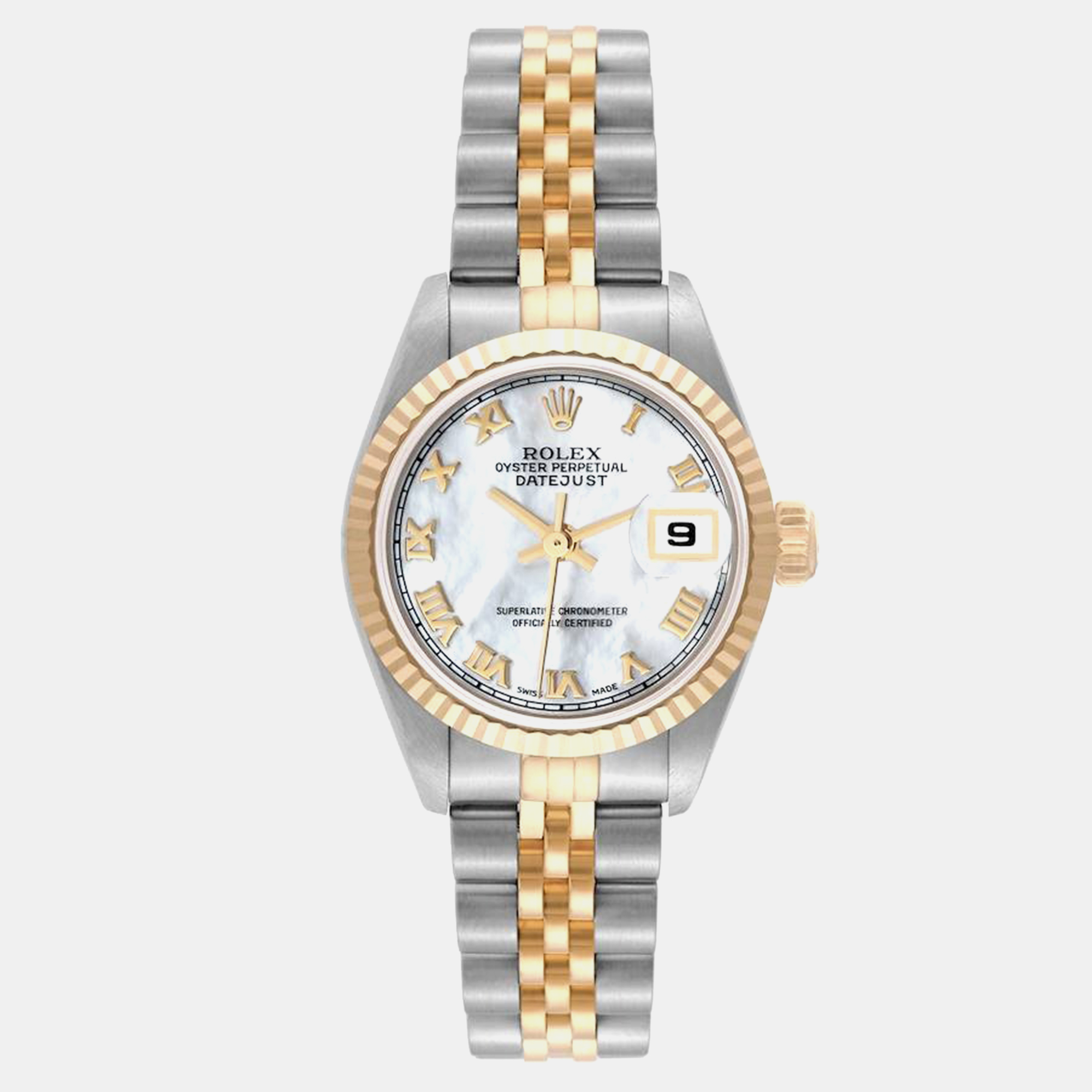 

Rolex Datejust Steel Yellow Gold Mother of Pearl Roman Dial Ladies Watch 26.0 mm, White