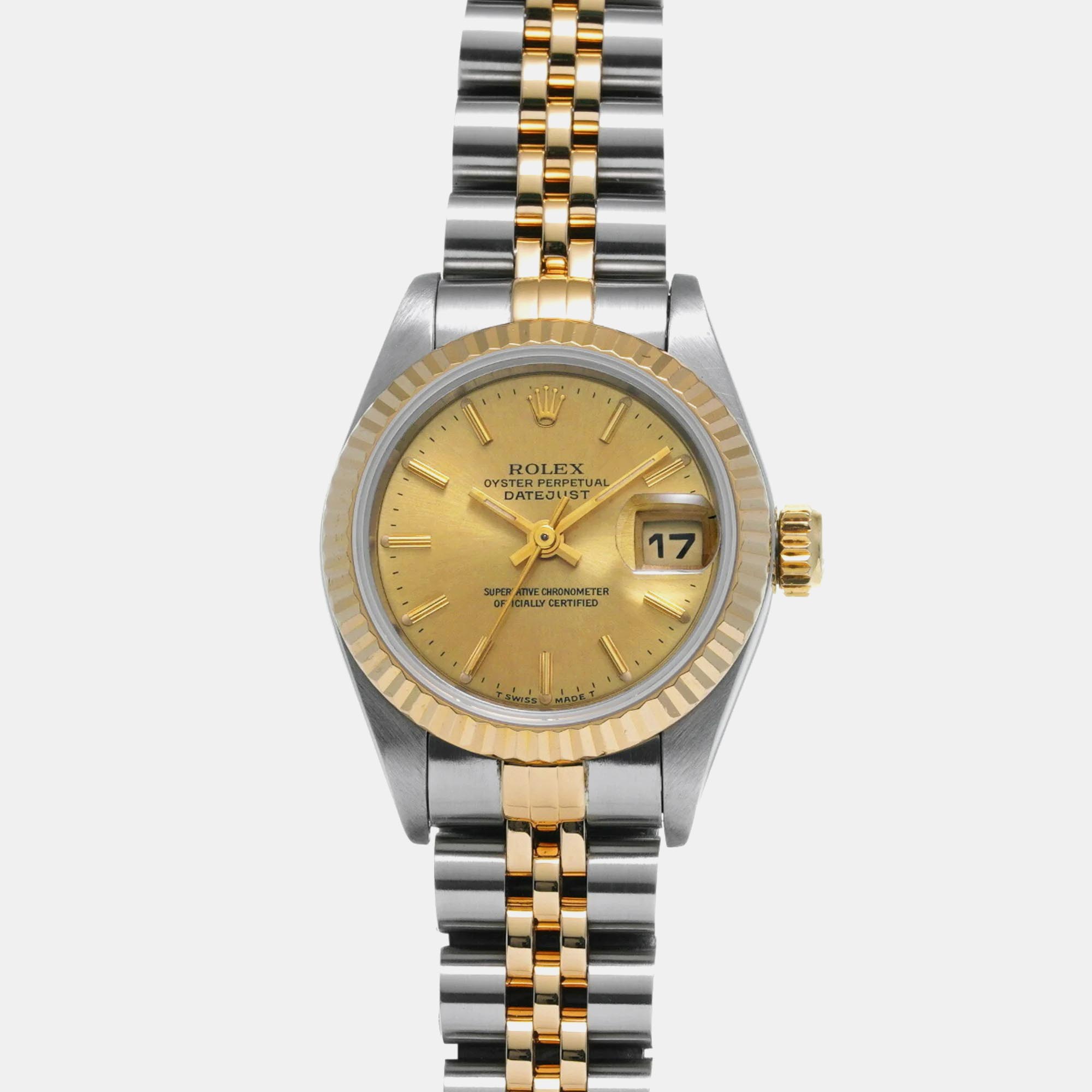 

Rolex Champagne 18k Yellow Gold Stainless Steel Datejust 69173 Automatic Women's Wristwatch 26 mm