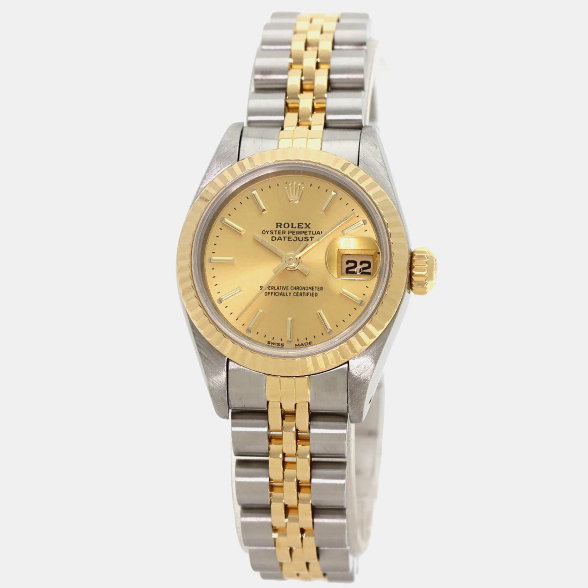 

Rolex Champagne 18k Yellow Gold Stainless Steel Datejust 69173 Automatic Women's Wristwatch 26 mm