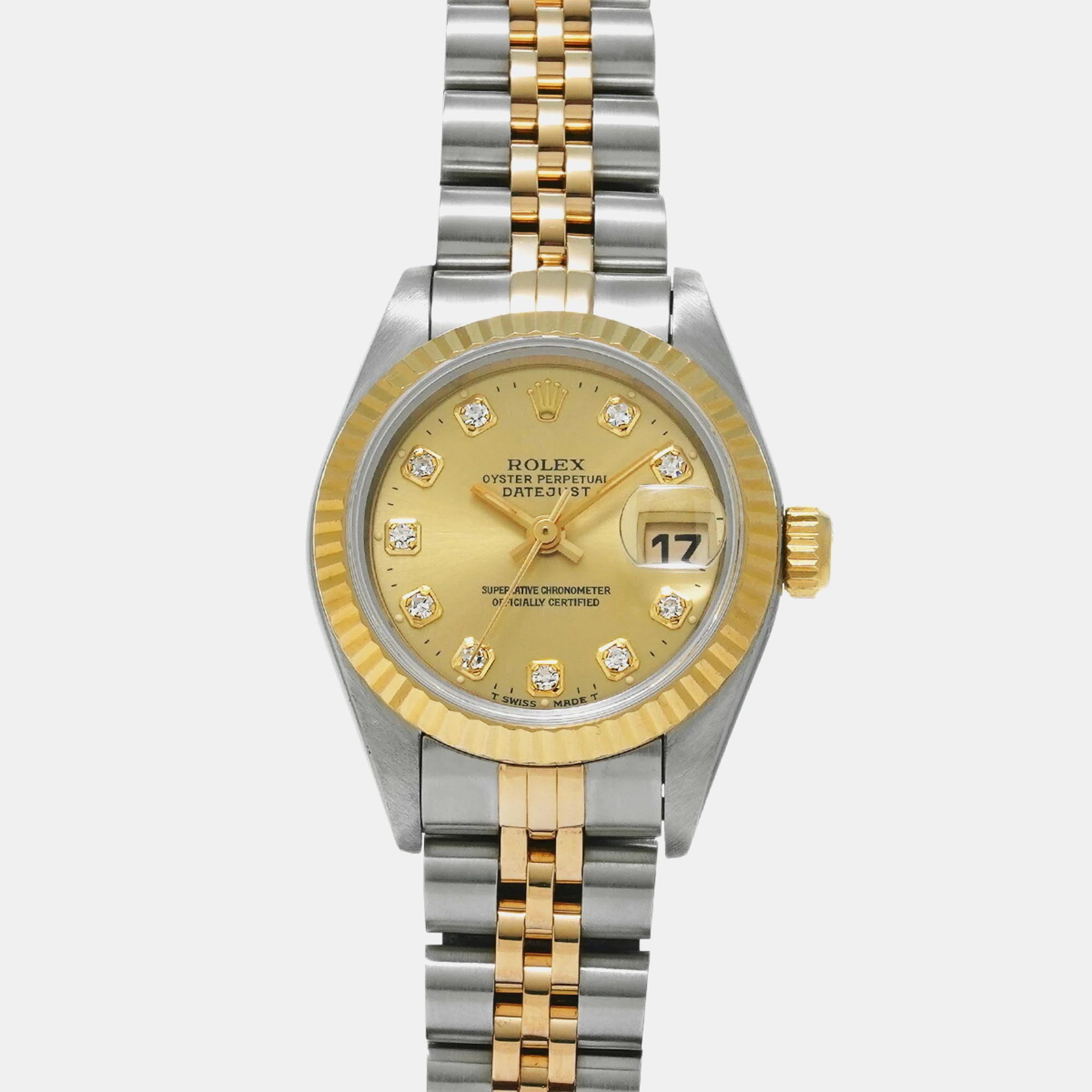 Pre-owned Rolex Champagne Diamond 18k Yellow Gold Stainless Steel Datejust 69173 Automatic Women's Wristwatch 26 Mm