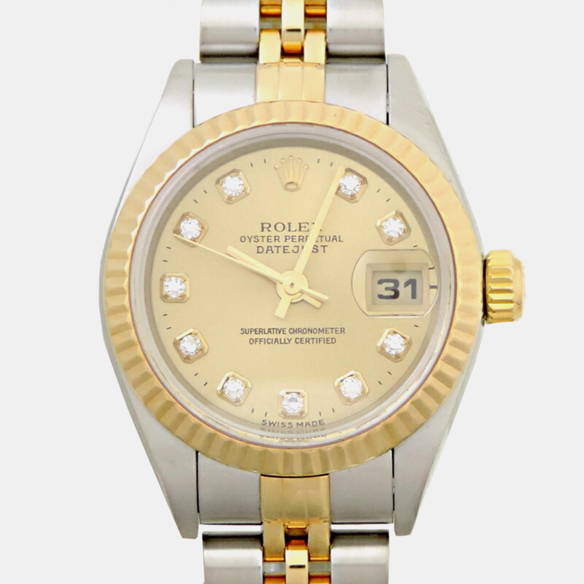 

Rolex Champagne Diamond 18k Yellow Gold Stainless Steel Datejust 79173 Automatic Women's Wristwatch 26 mm