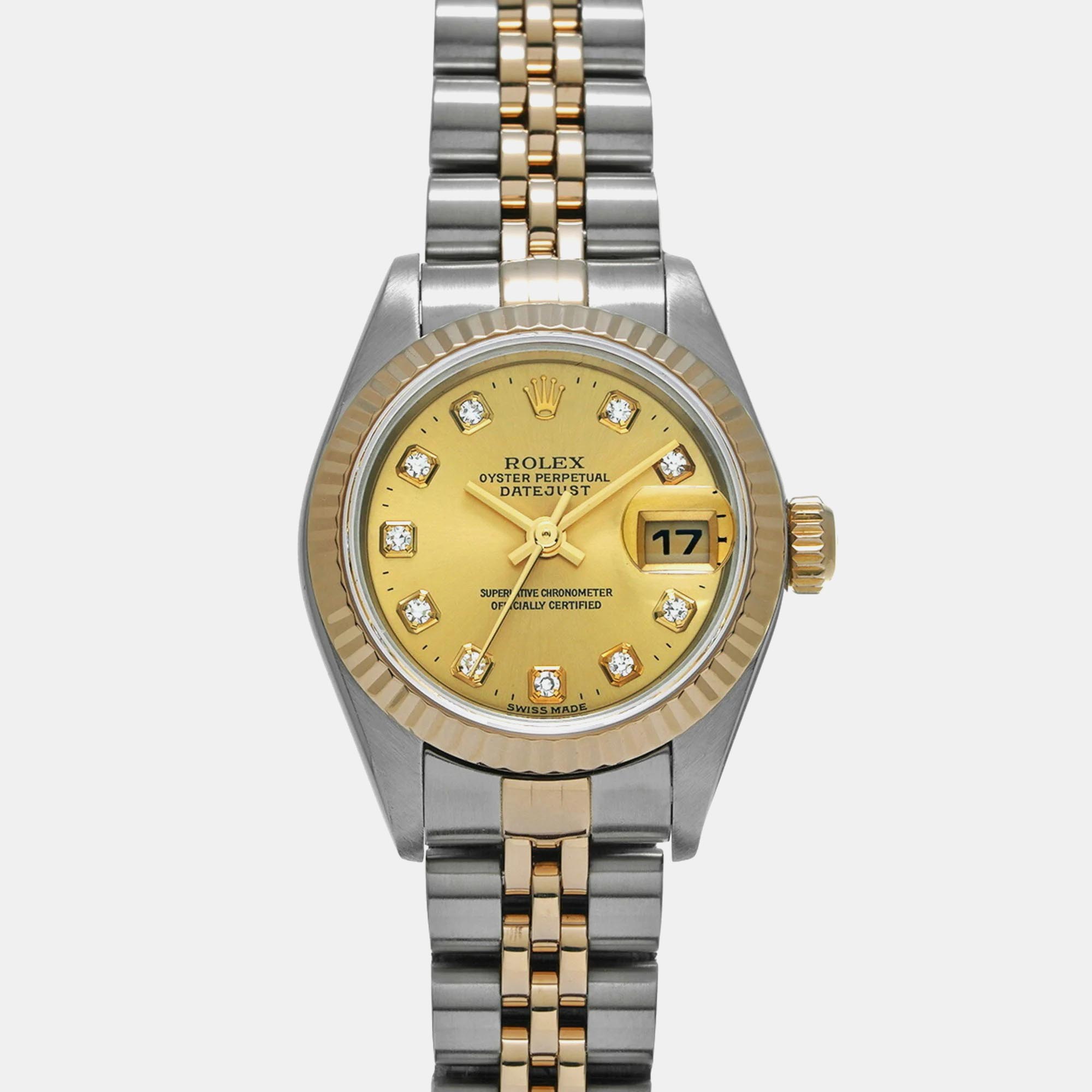 Pre-owned Rolex Champagne Diamond 18k Yellow Gold Stainless Steel Datejust 79173 Automatic Women's Wristwatch 26 Mm