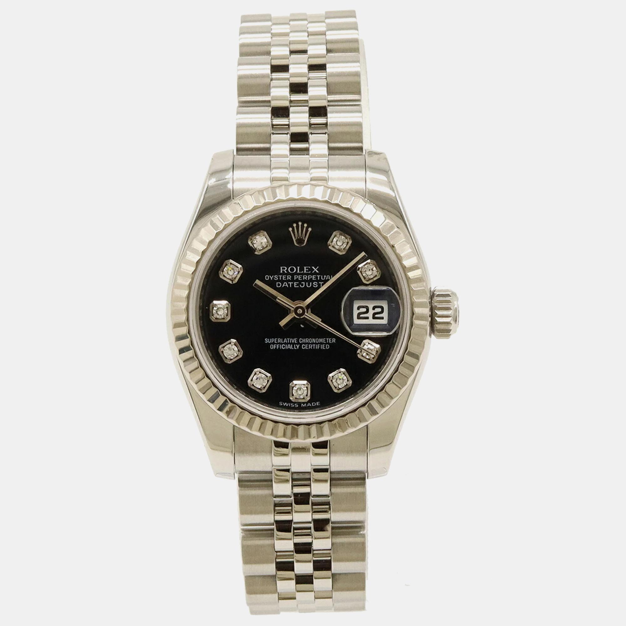 

Rolex Black Diamond Stainless Steel Datejust Automatic Women's Wristwatch 26 mm