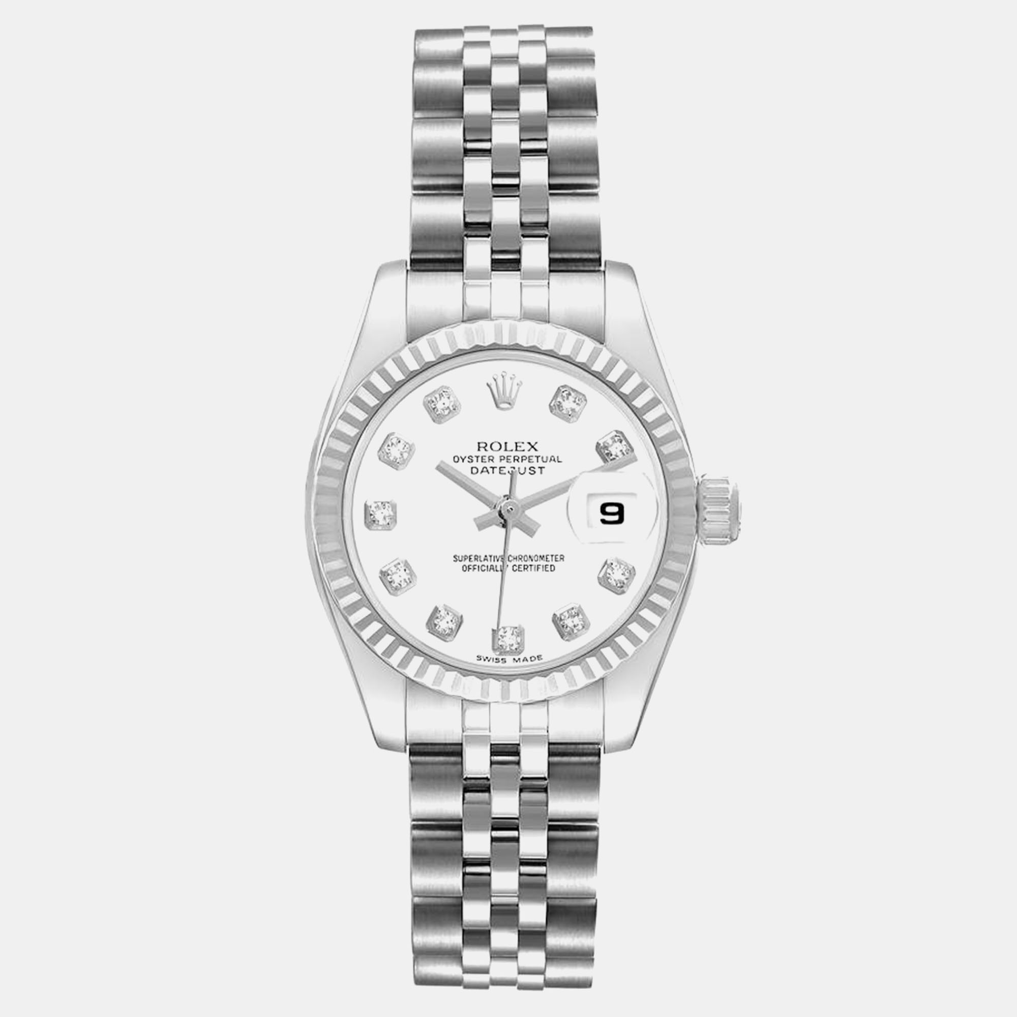 

Rolex White Diamond 18k White Gold Stainless Steel Datejust 179174 Automatic Women's Wristwatch 26 mm