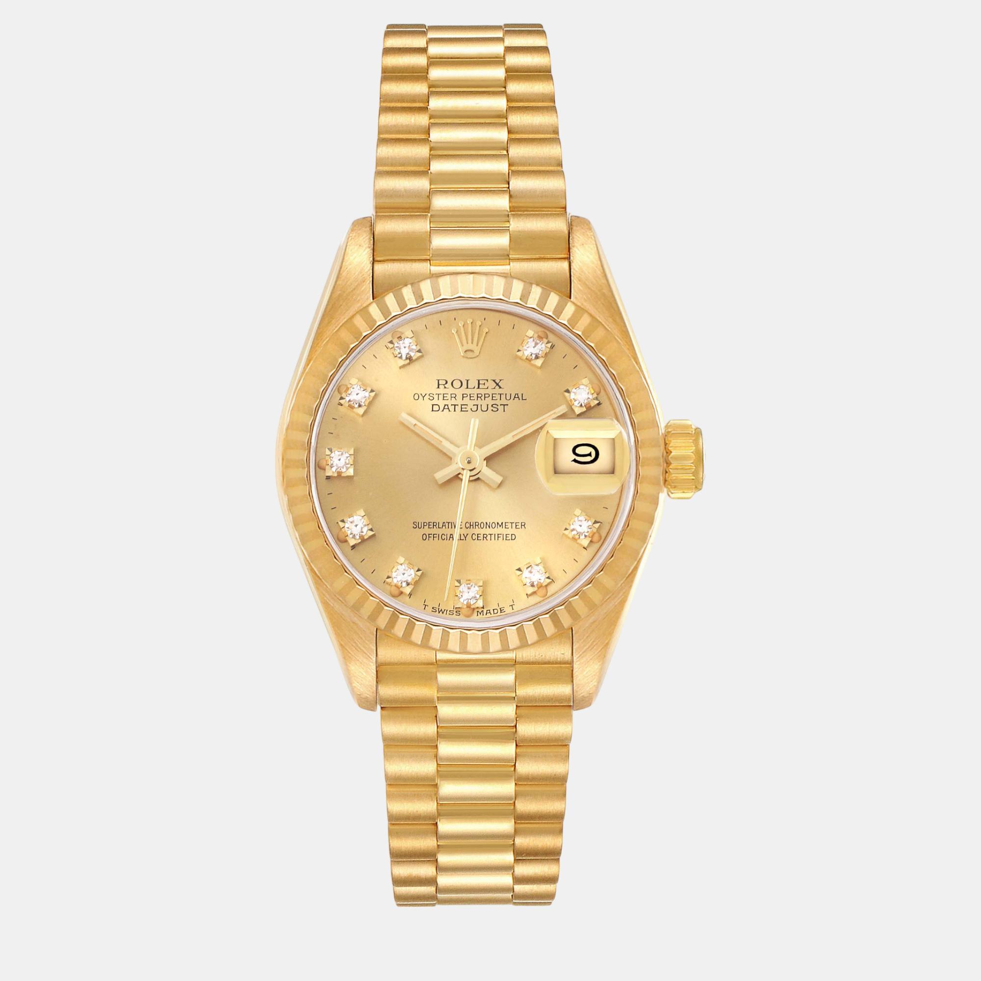 Pre-owned Rolex President Datejust Yellow Gold Diamond Dial Ladies Watch 26.0 Mm