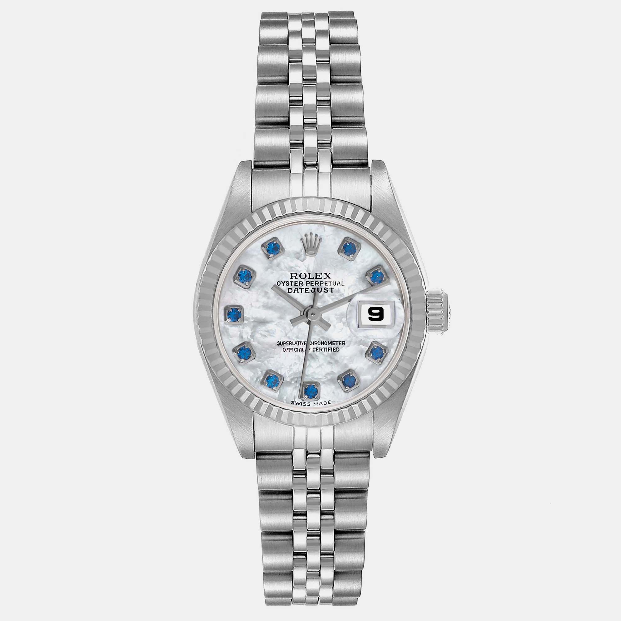 Pre-owned Rolex Datejust Steel White Gold Mother Of Pearl Sapphire Dial Ladies Watch 79174 26 Mm In Silver