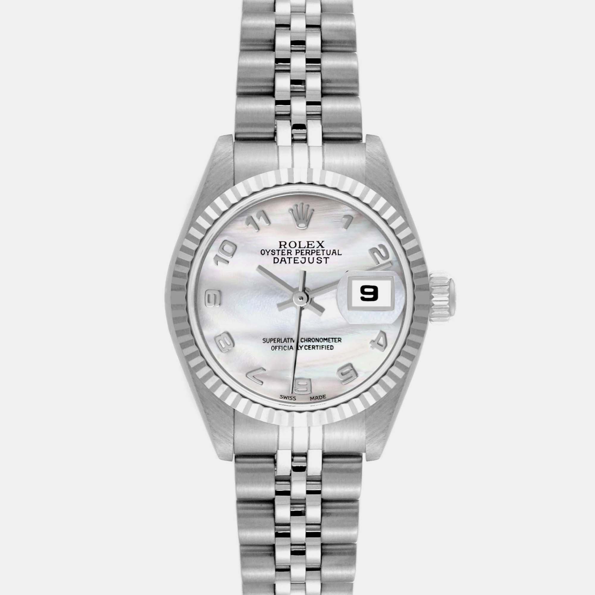 Pre-owned Rolex Datejust Steel White Gold Mother Of Pearl Dial Ladies Watch 79174 In Silver