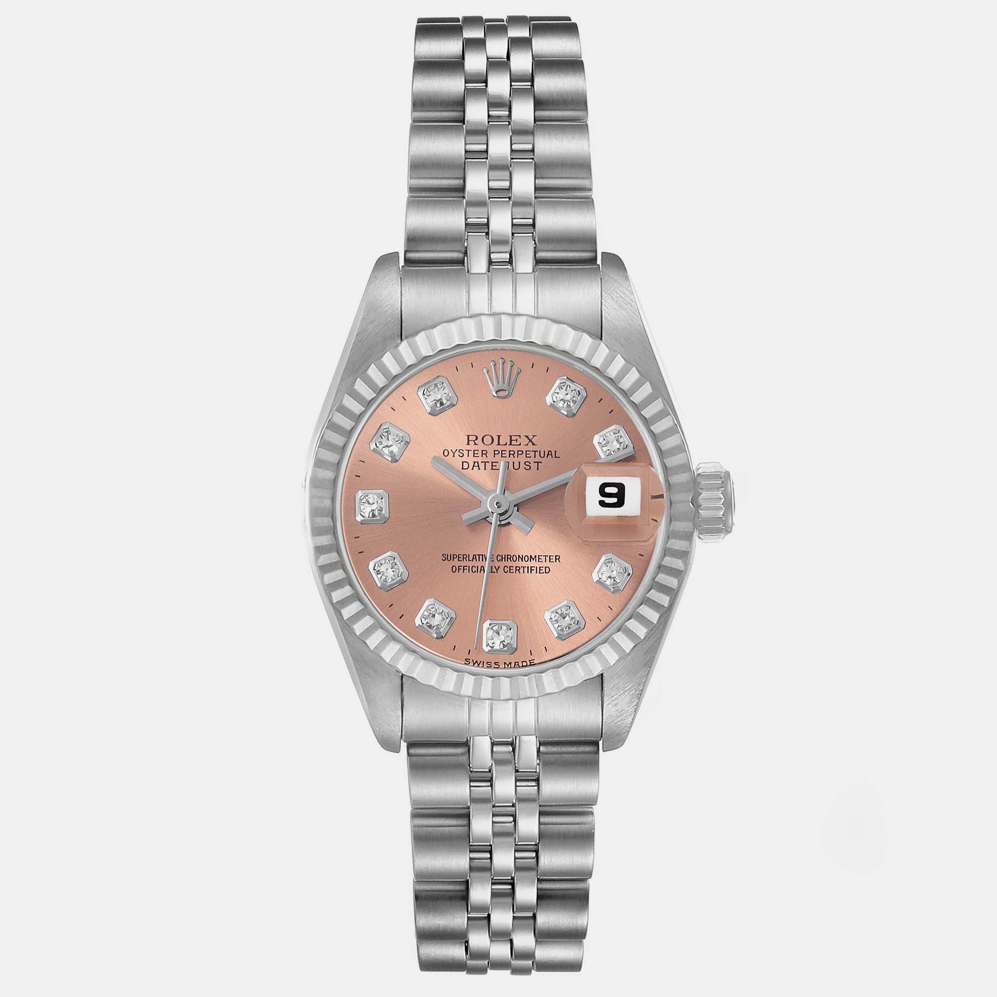 Pre-owned Rolex Datejust Steel White Gold Salmon Diamond Dial Ladies Watch 69174 In Pink