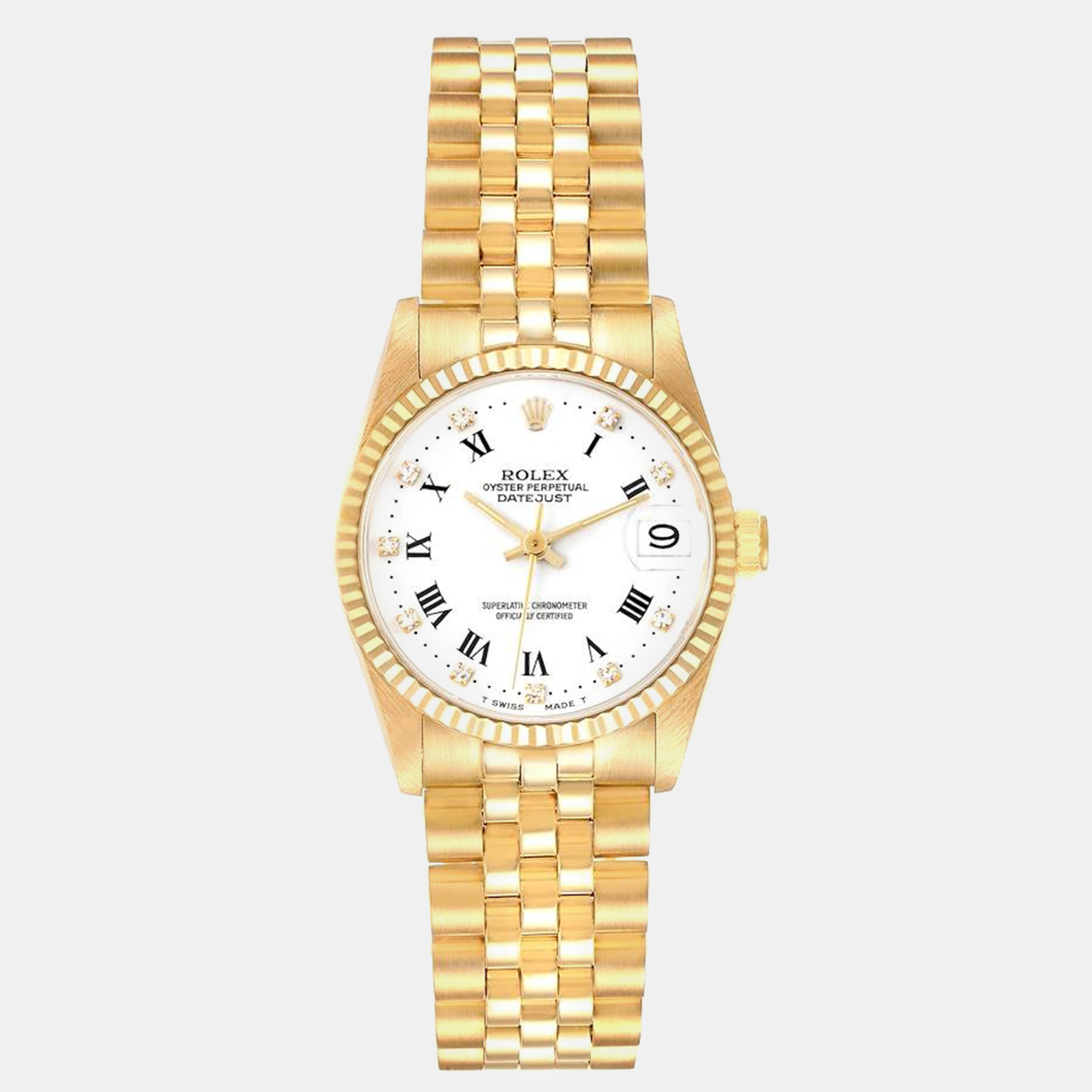 

Rolex President Datejust Midsize Diamond Dial Yellow Gold Ladies Watch 31.0 mm, White