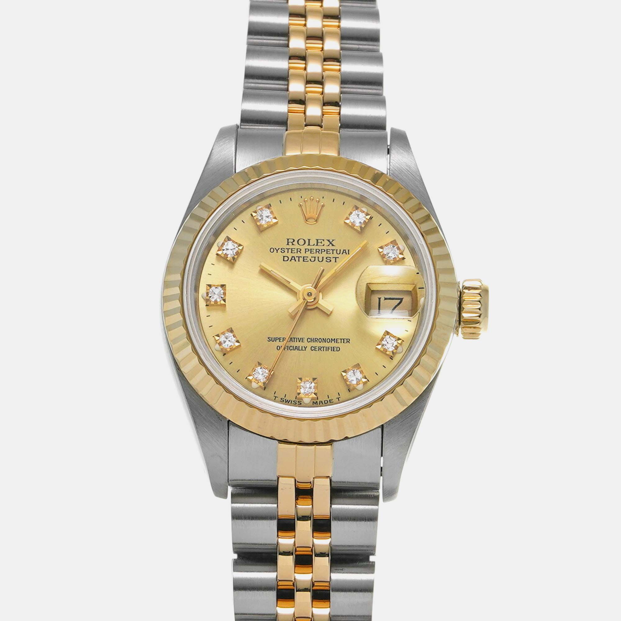 Pre-owned Rolex Champagne Diamond 18k Yellow Gold Stainless Steel Datejust Automatic Women's Wristwatch 26 Mm