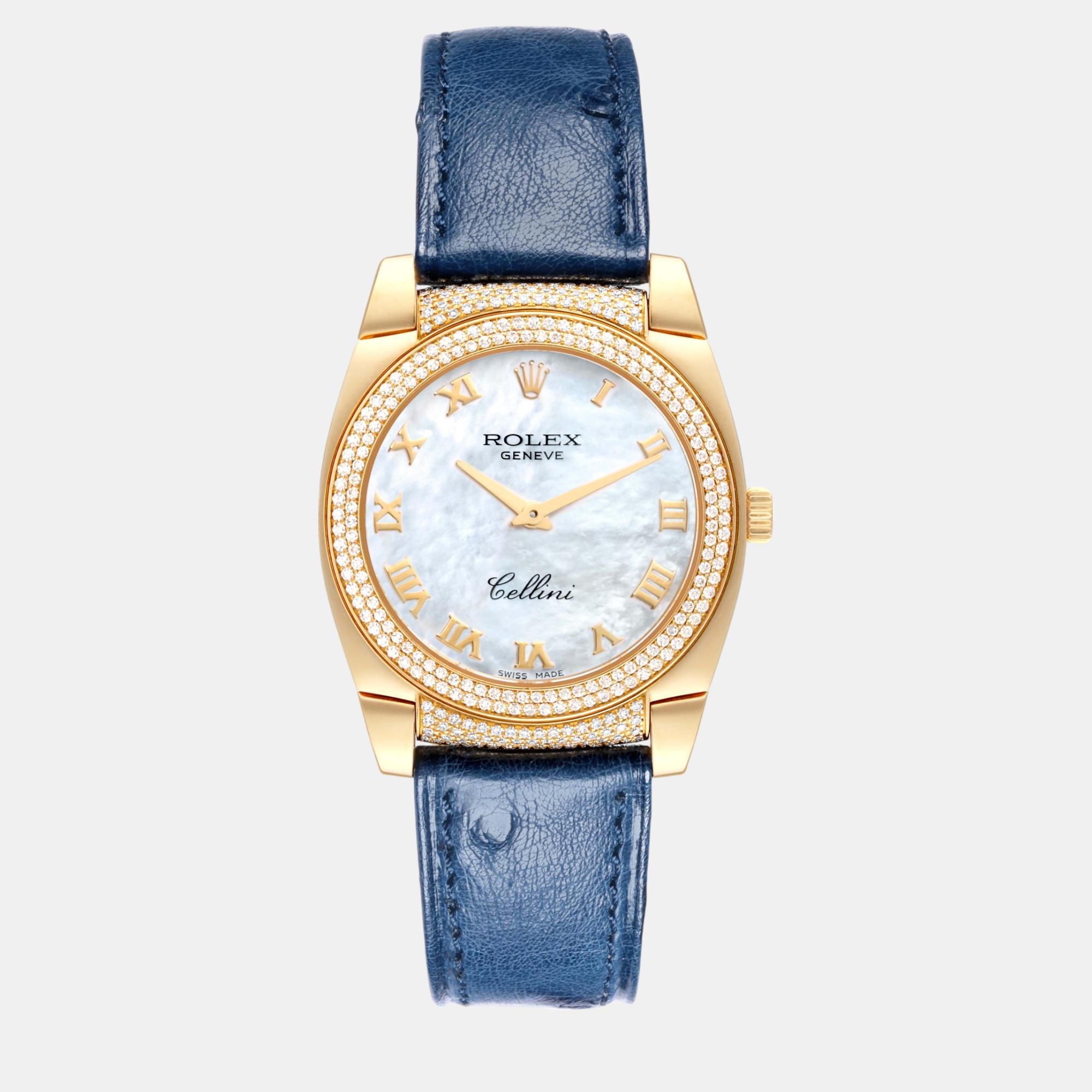 

Rolex Cellini Cestello Yellow Gold MOP Diamond Ladies Watch 6321, Blue