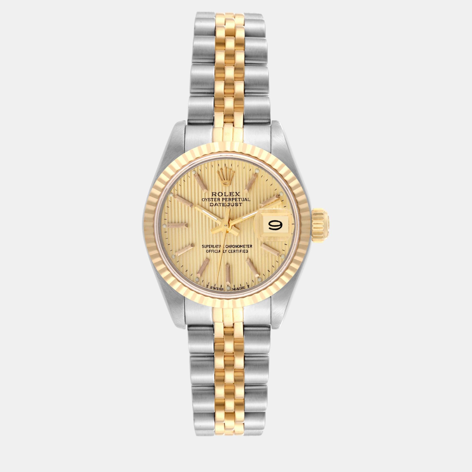 

Rolex Datejust Champagne Tapestry Dial Steel Yellow Gold Ladies Watch 69173