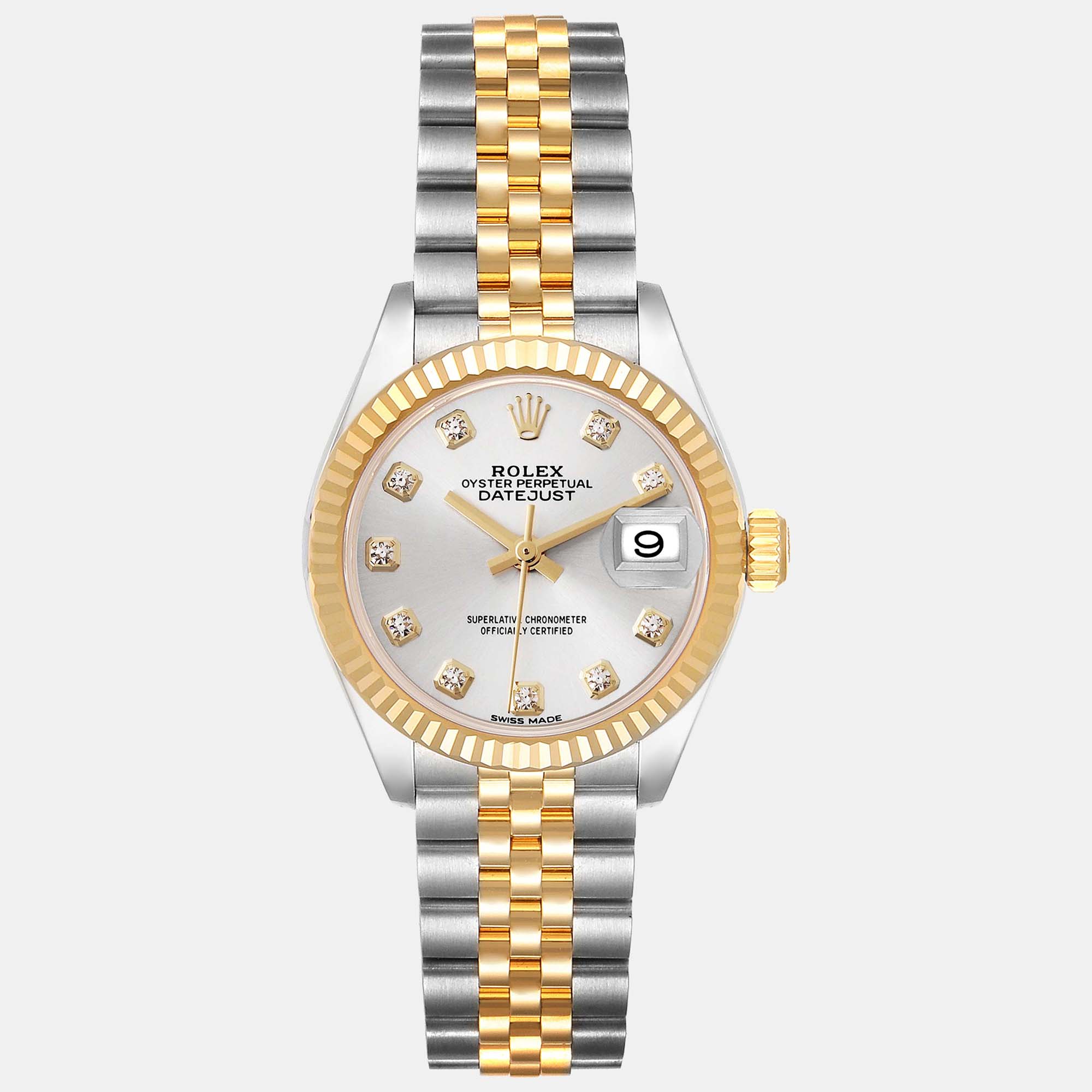 Pre-owned Rolex Datejust Steel Yellow Gold Silver Diamond Dial Ladies Watch 28.0 Mm