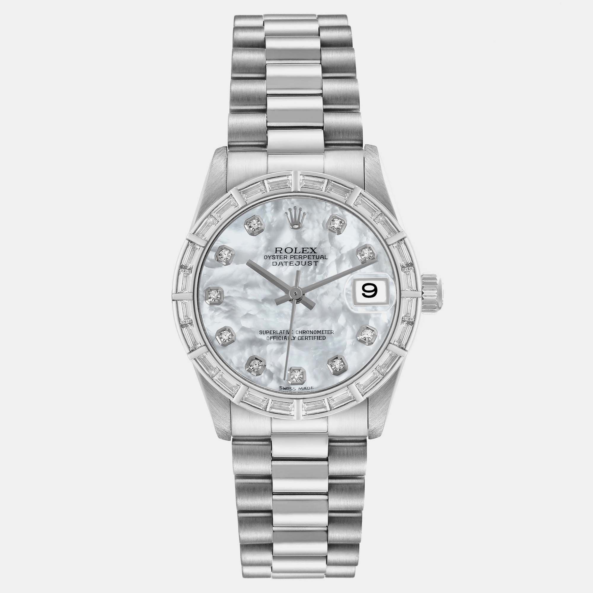 Pre-owned Rolex President Midsize Platinum Mother Of Pearl Diamond Ladies Watch 31.0 Mm In White