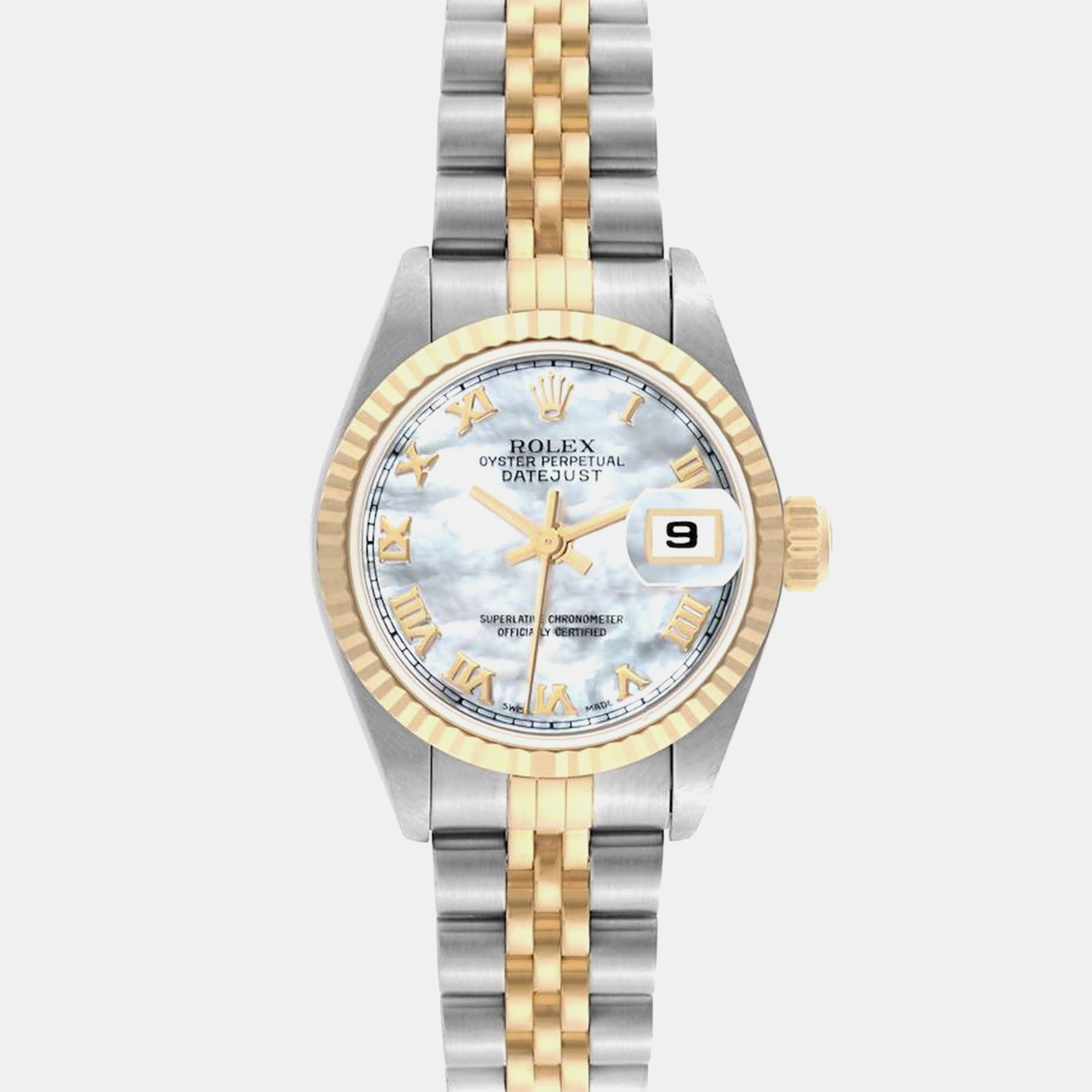 

Rolex Datejust Steel Yellow Gold Mother of Pearl Roman Dial Ladies Watch 79173, Silver