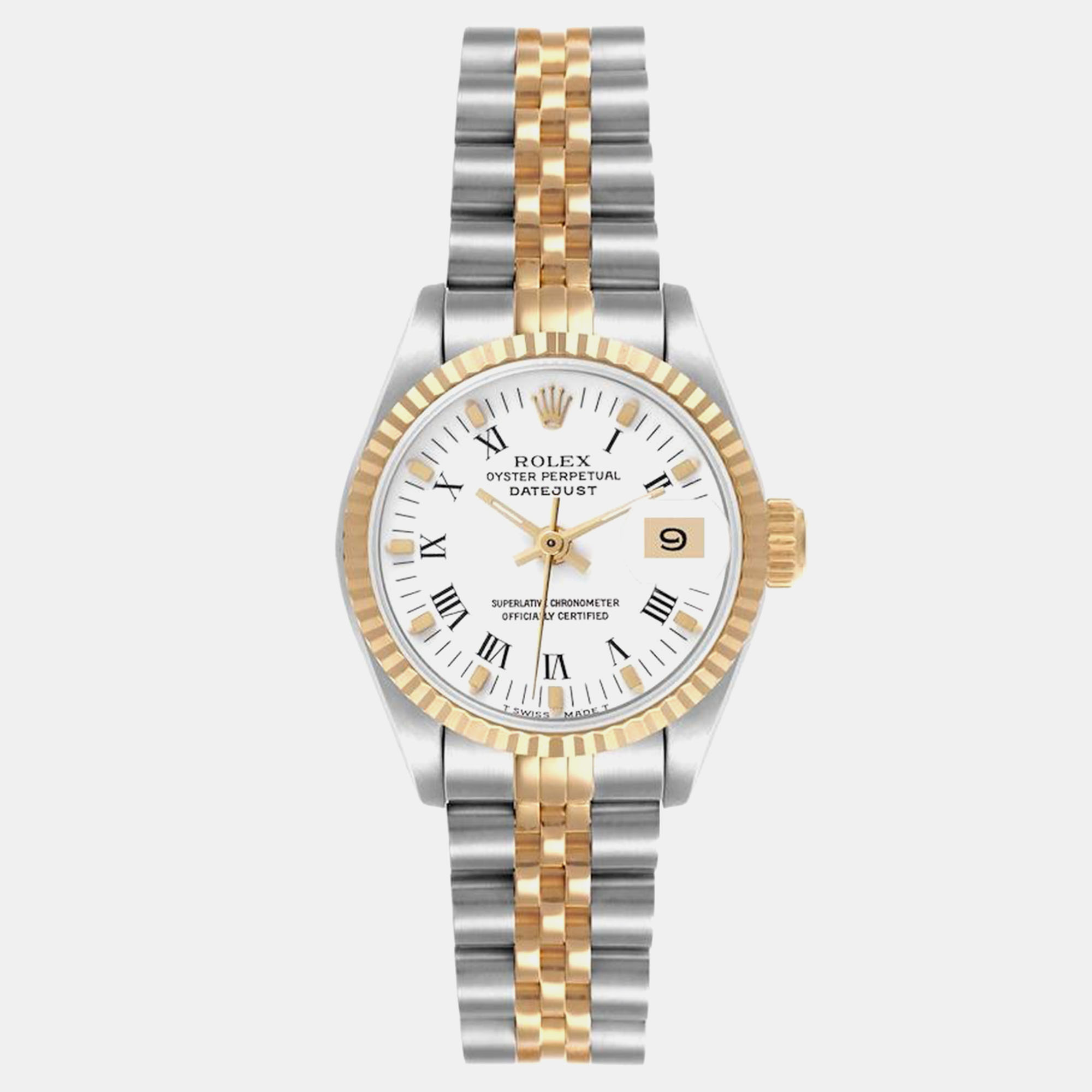 

Rolex Datejust White Roman Dial Steel Yellow Gold Ladies Watch 69173