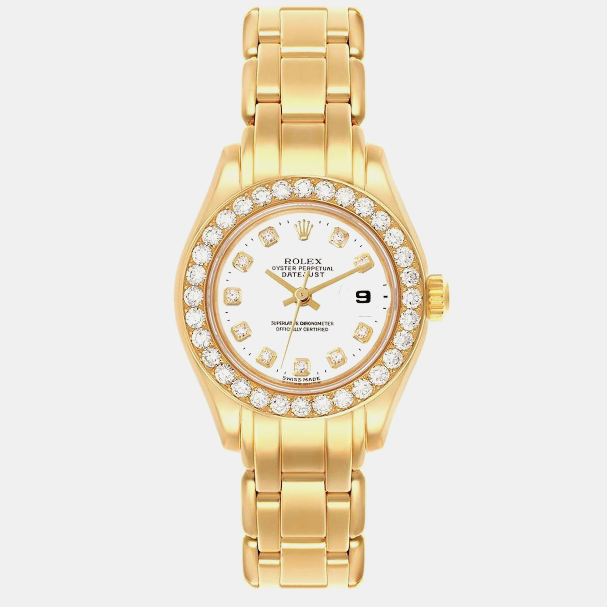 Pre-owned Rolex Pearlmaster Yellow Gold White Dial Diamond Ladies Watch 69298