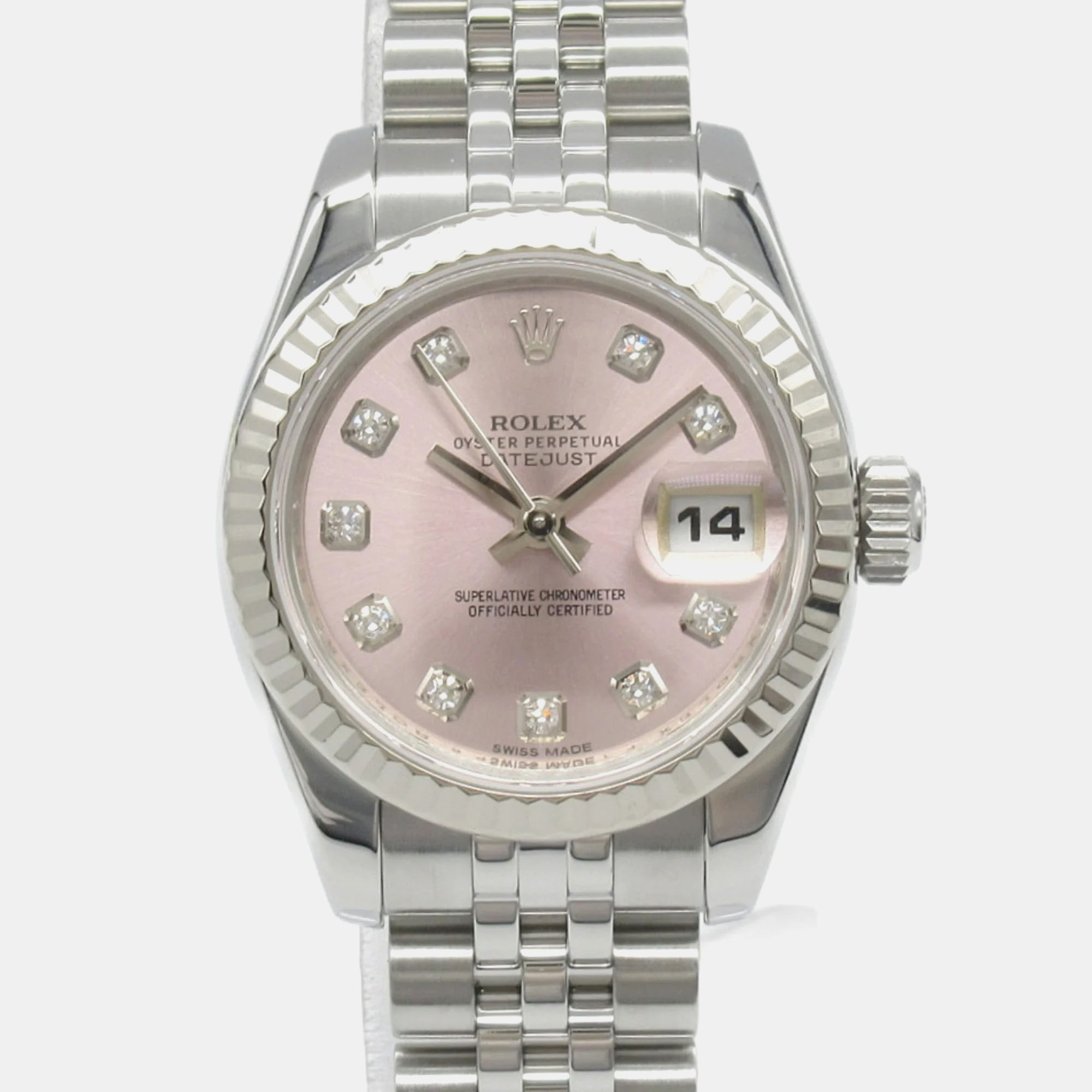 

Rolex 18K White Gold Pink Stainless Steel Datejust 10P Diamond Wristwatch 26 mm