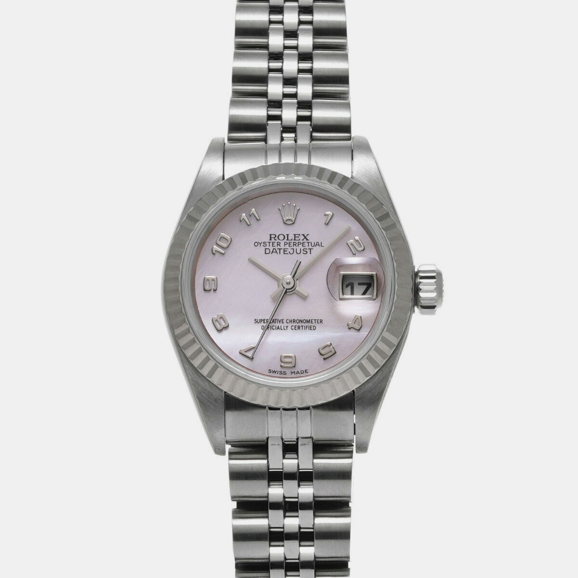 

Rolex Pink Shell 18k White Gold Stainless Steel Datejust 79174 Automatic Women's Wristwatch 26 mm