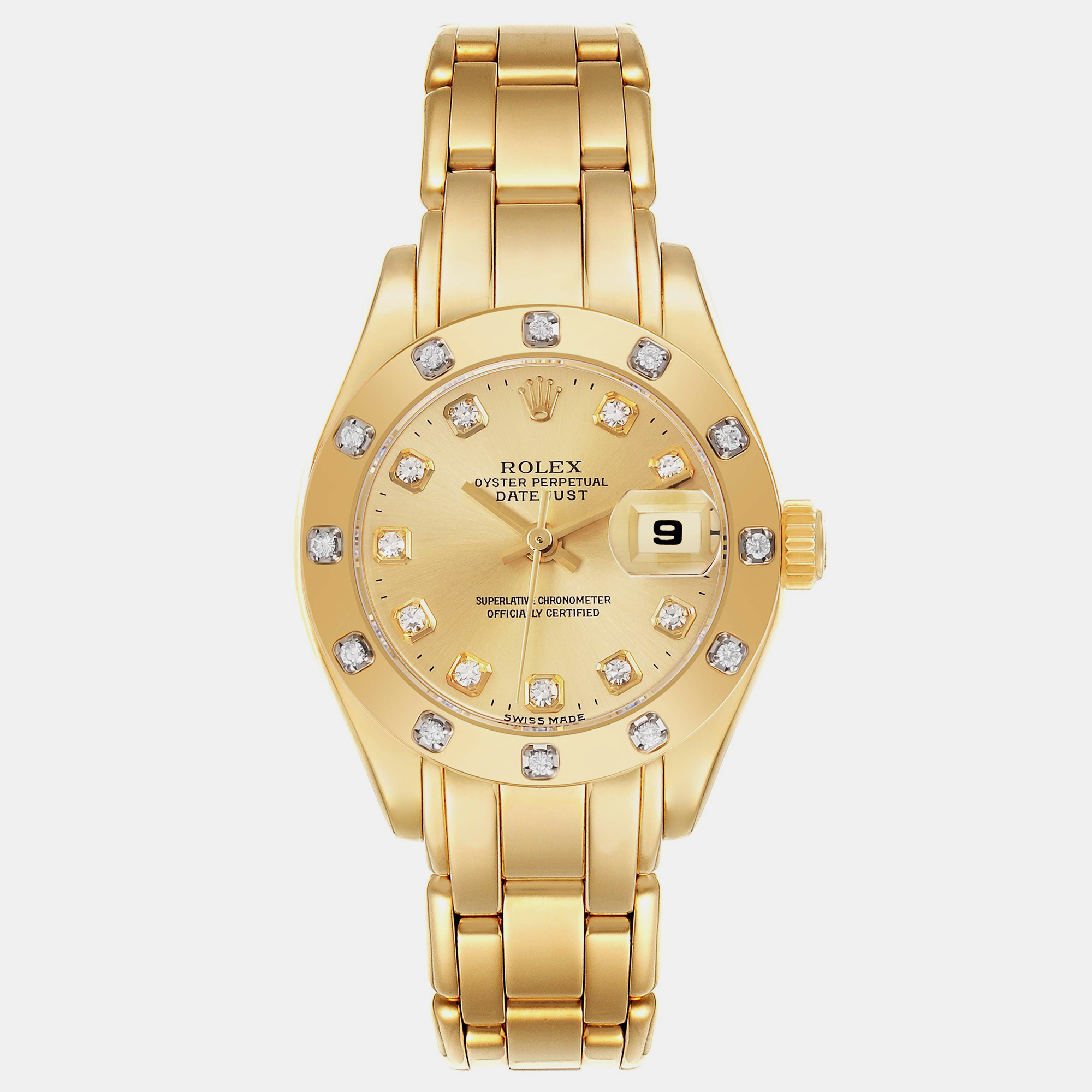 

Rolex Pearlmaster Yellow Gold Champagne Diamond Ladies Watch 69318 29 mm